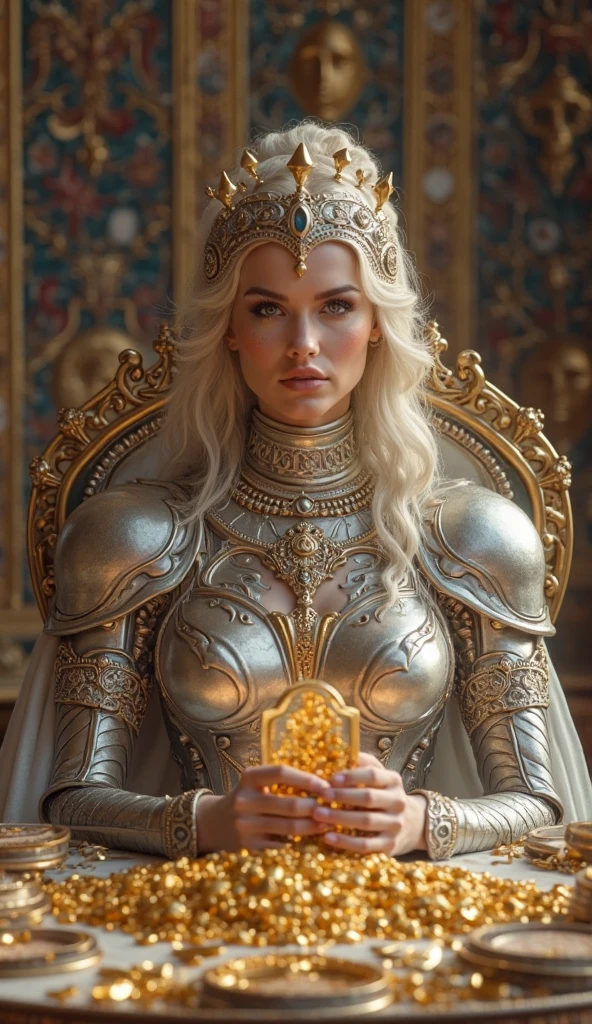 super impressive realistic photo at maximal core, close-up, the most beautiful european white girl with a beautiful flawles face from the care of the world's best dermatologist, beautiful hairstyles from the world's best hairdressers, wearing very futuristic Egyptian god armor, predominantly ivory white covered in very shiny gold and silver carvings, hyper realistic skin texture, holding a great scepter that only the Gods have, sitting on a futuristic throne where all the materials are made from sci-fi materials that have never existed before. A large, majestic hall with an ancient Egyptian style interior design but has very futuristic interior items in the background, smiling arrogantly at the viewer, Egyptian GOD vibes, very detailed and very specific,