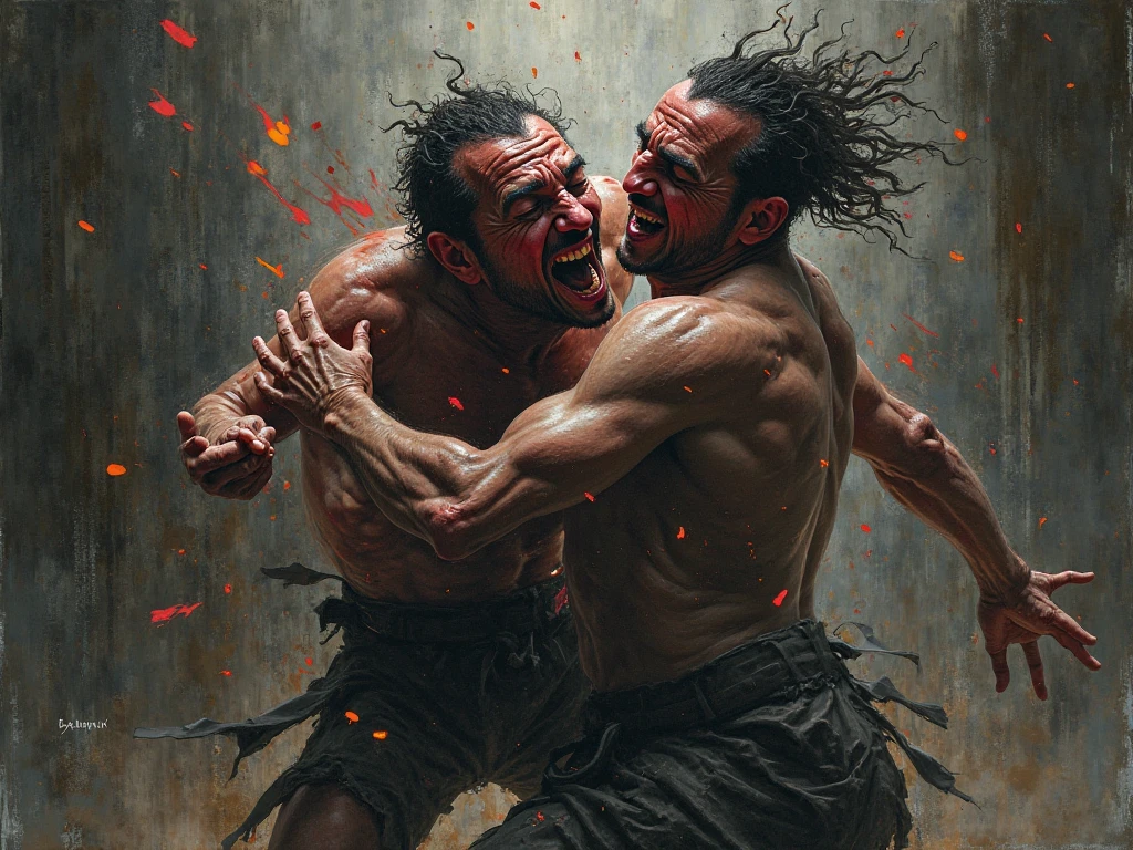 Greco-Roman wrestling painted in the style of Francis Bacon 