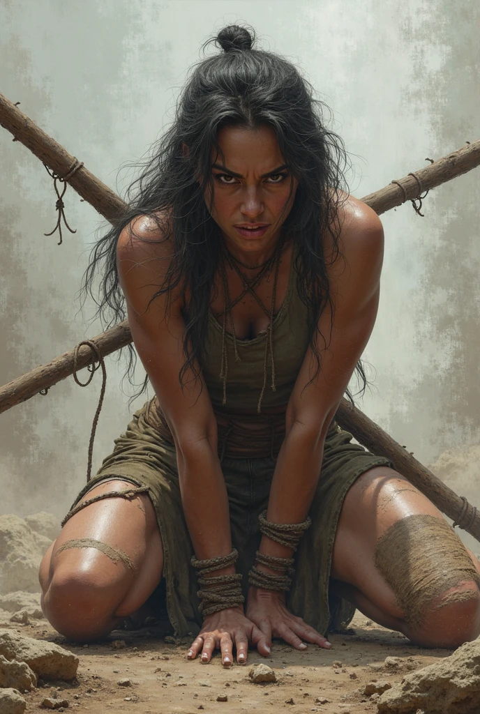 ((Realistic:1.5)), ((Best quality)), ((Masterpiece)), ((detailed)), (photorealism), (Exact proportions), (Ultra wide angle lens), (detailed face, Beautiful black eyes, detailed pupils, clear background: 1,3), (North American native appearance), dark tribal huntress makes her way through the forest with a spear, crouching to the ground , moist oily skin, crawling squat pose, hidden by thickets, (decorated primitive savage outfit), very large toned breasts, hidden by decorations, long legs, wide steep hips, Strong Trained Body, long thick black hair, wide cheekbones, plump lips, Focused gaze, night, night sky, night forest, dense thickets, jungle, best shadow, bright details, perfect composition, sharp focus, end of the world