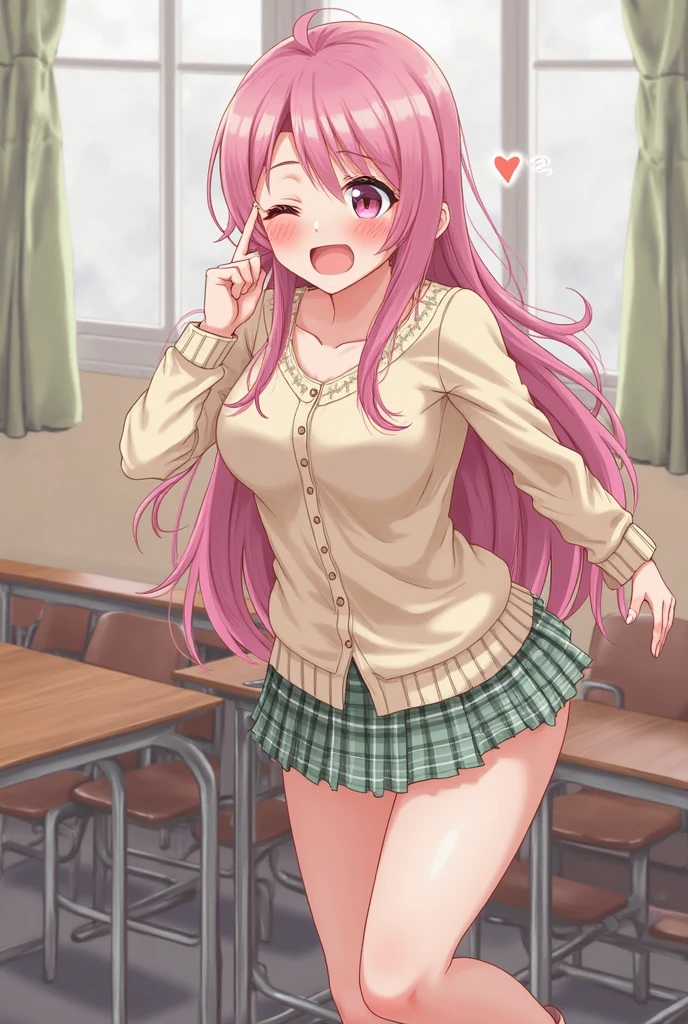 realistic image, detailed image, coherent image, 1 beautiful girl, she has very long hair, pink hair, light blue eyes, she is wearing hair accessories with blue and yellow cube-shaped bows, she is wearing a sweatshirt, showing belly button, pleated mini skirt, sneakers, She has a curvy body, large breasts and thick thighs, she is sitting on her knees, surrounded by guitars, arching her back, inside a room, surrounded by sheets of paper with sheet music, dusk, twilight, soft focus, full body view, dramatic shadows, volumetric lighting, natural lighting,hitori