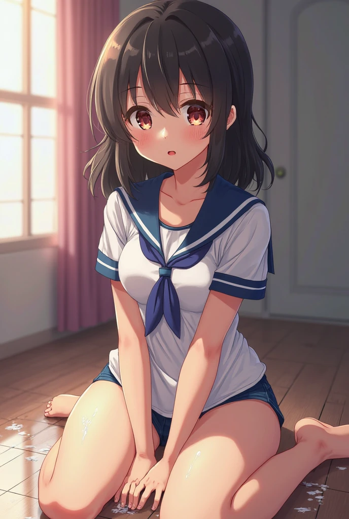 Misaka Mikoto,Tanned dark skin:1.6、Heavy makeup:1.1、Blonde:1.3, (Shortcuts:1.5), (Brown eyes:1.7), Ringlet, hair bow, bow, red bow, (Beautiful :1.5), 、
break,Detailed sailor suit and bloomers:1.3、Shortcuts
break looking at viewer, whole body,
Dark gymnasium warehouse、
break (masterpiece:1.2), highest quality, High resolution, unity 8k wallpaper, (shape:0.8), (Beautiful and beautiful eyes:1.6), Highly detailed face, Perfect lighting, Highly detailed CG, (Perfect hands, Perfect Anatomy)、、Sweaty、whole bodyポートレート、Misaka Mikoto looks embarrassed、Mischievous Smile:1.2、blush:1.3、Sweaty:1.3、whole body像、Sweaty outfit、Close ~ eyes、Sad-looking face:1.3、Doing squats