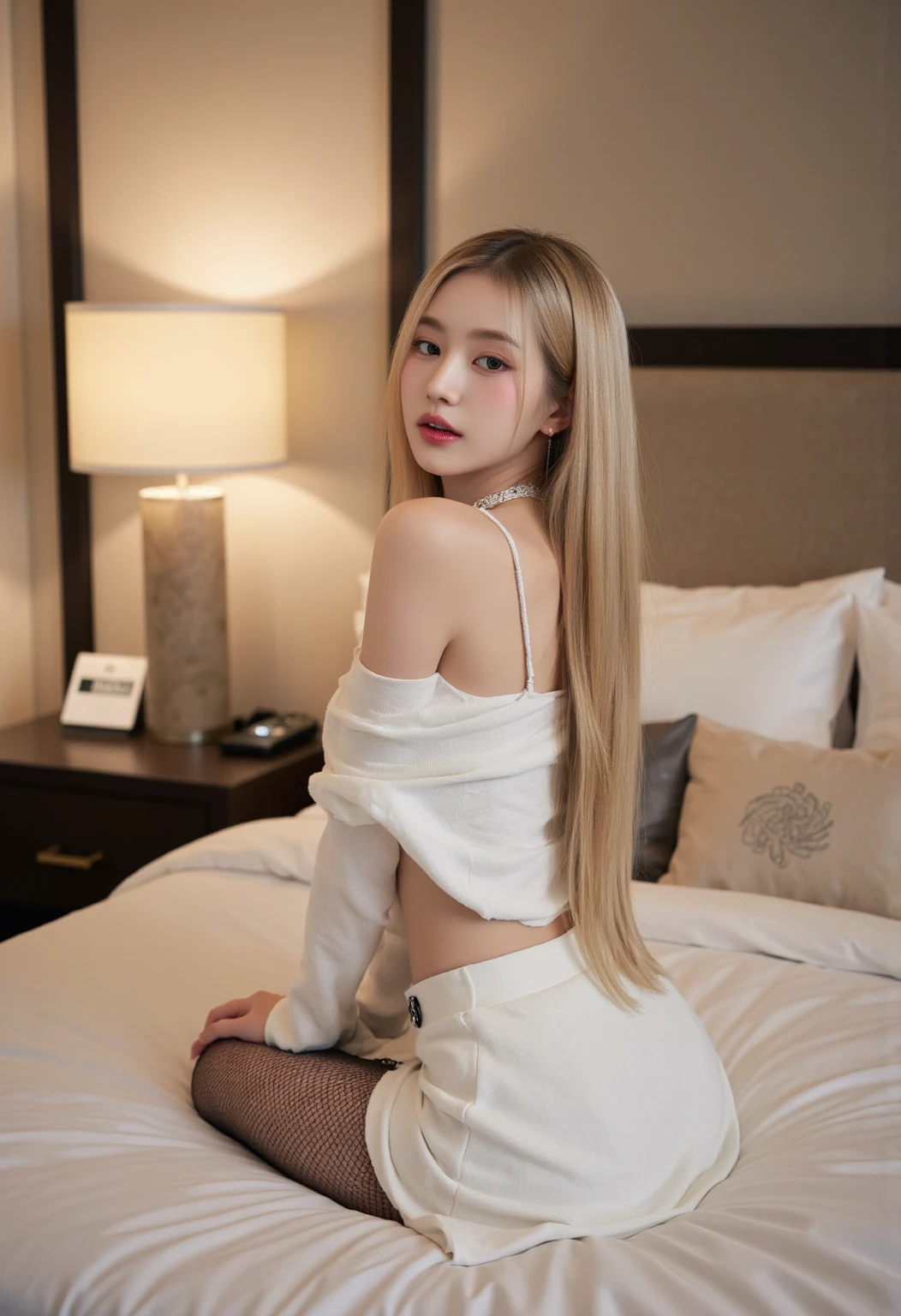 UHD, best quality, 1080P、Beautiful woman posing on the bed、Japanese Goddess、Beautiful curves、Sexy figure、Curvy body Japanese model、Cute、A beautiful woman, a gorgeous Chinese model、Model Body Type、Real、Beauty、uniform、shirt、one piece、Earrings、blonde hair、Blonde、student、dress
