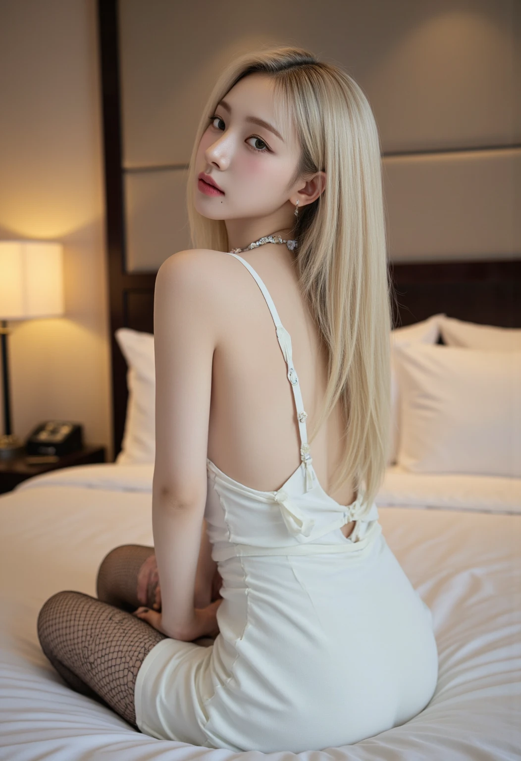 masterpiece，best quality，A beautiful and charming woman，blond hair，blue eyes，slim body，Enchanting gesture，Shy，Insulted，Sexy，Seems to be seducing someone，（（In the bedroom）），（（Lying on a large white silk bed）），Just finished taking a shower，（（Not hanging on at all）），（（Wrapped in a white bathrobe）），（（Yukata shedding）），（（Showing off big  and ass）），Super large，Huge buttocks，Long legs，（（full-body shot）），（（The focus is on the ass））