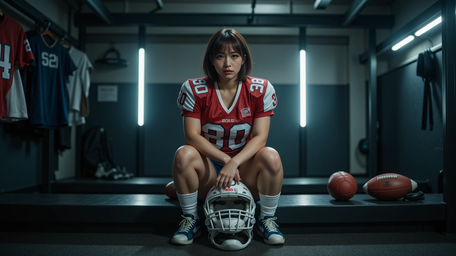 1 female, Overweight, American Football Uniforms, extremely fat, Chubby, Japanese, 4K, High resolution, masterpiece, highest quality, fine skin, sharp focus, (cinematic lighting)