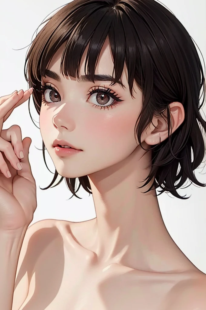 (((masterpiece, best quality, ultra highres, 1 girl, solo, no background))), super detailed skin and face and eyes and finger, beautiful japanese woman, flat breasts:1.5, skinny, light brown hair, very short pixie hair, pixie haircut, cowboy shot, white background, 2D anime, boyish, Various clothes, Various poses, Various expressions, Please draw the entire character within the frame, ensuring that the head, arms and legs are not cut off, with the character positioned centrally, female genitals visible through tight clothing, nipple dots, 