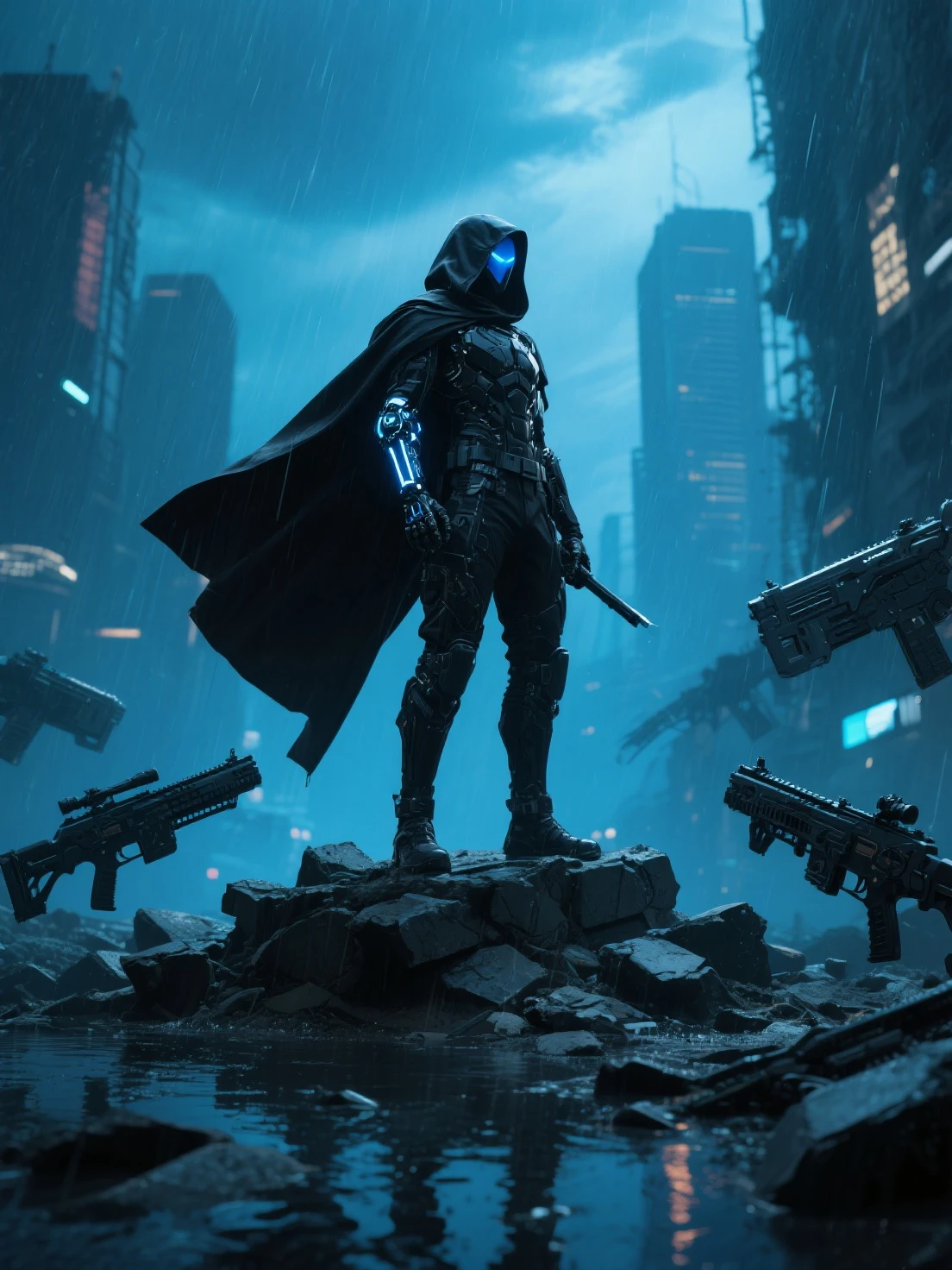 hyperrealistic dark photoshot of  (((full body: 2.0)))((desepticon, s.w.a.t)),mask, helmet, black glasses, M16, bluster, posing, agressive view, acsonometric direction pose, futuristic architecture, wet city background, overdetailed texture, hdr+, 8k, QHD, backlighting, glow, unreal engine, dynamic lighting, beautyfull refraction, ((low-key lighting, dimly light)), saturated colors, vignette: 1.5