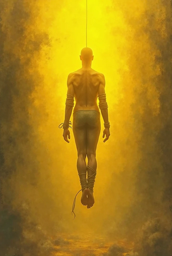 A drawing of a 24 year old young man, trapeze artist, He wears a gold suit and has blonde hair and is Asian., His features are soft, He is not at all corpulent or so masculine, He looks like Jimin from BTS 