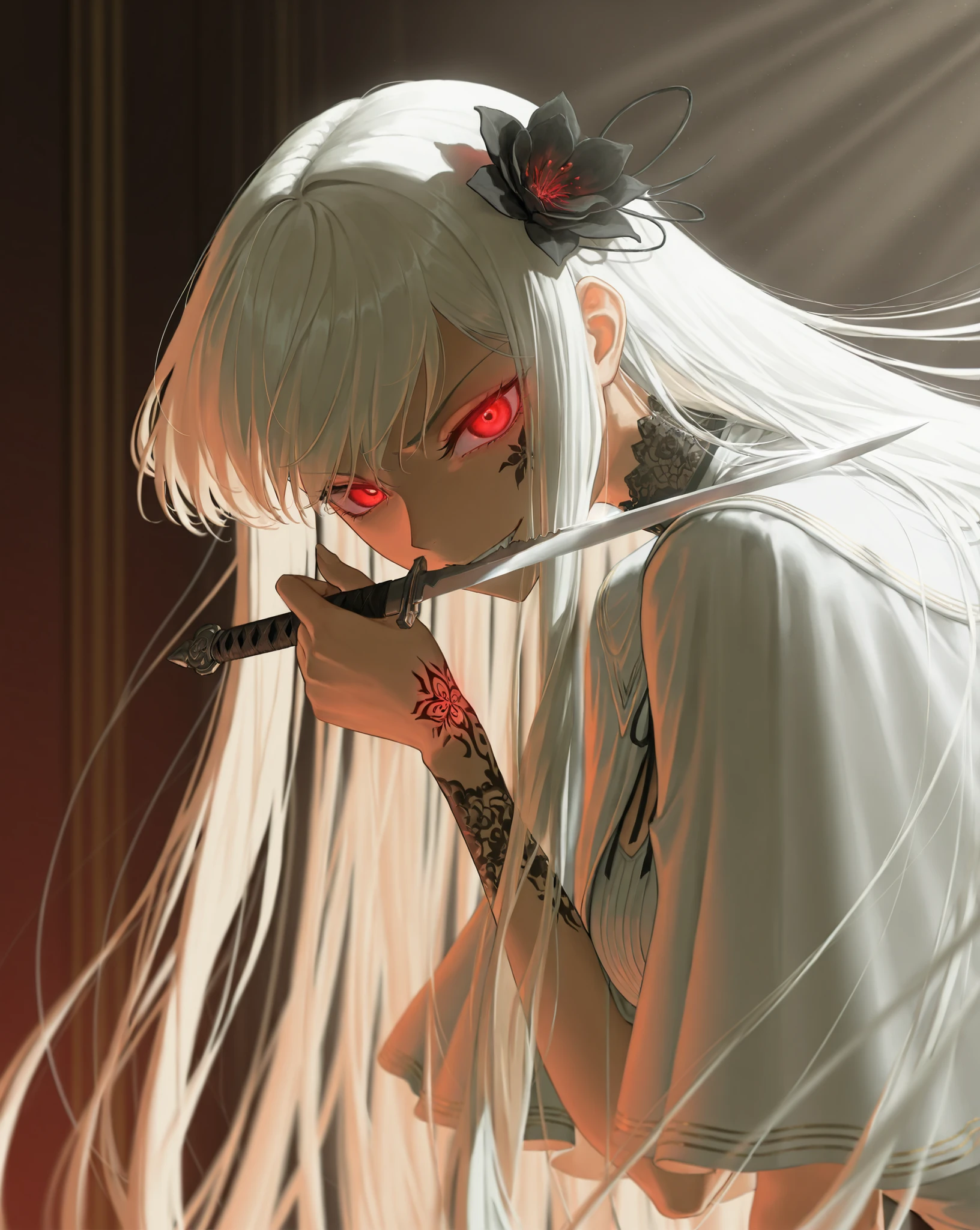 dynamic pose, action shot, masterpiece, dramatic lighting, deep lighting, god rays, best quality, amazing quality, very aesthetic, high resolution, ultra-detailed, absurdres, (hands:-0.33),
1girl, solo, (quarter shot, close up shot:1.19), biting weapon, licking weapon, glaring at viewer, side shot, upper body shot, Red eyes, glowing eyes, white hair, moonlit hair, very long hair, white capelet, french dress, musketeer, smirk, yandere smile, flower in her hair, black flowers, nightmare, delicate beauty, black henna tattoo, glowing tattoo, knives, curved knife, BREAK, depth of field, volumetric lighting