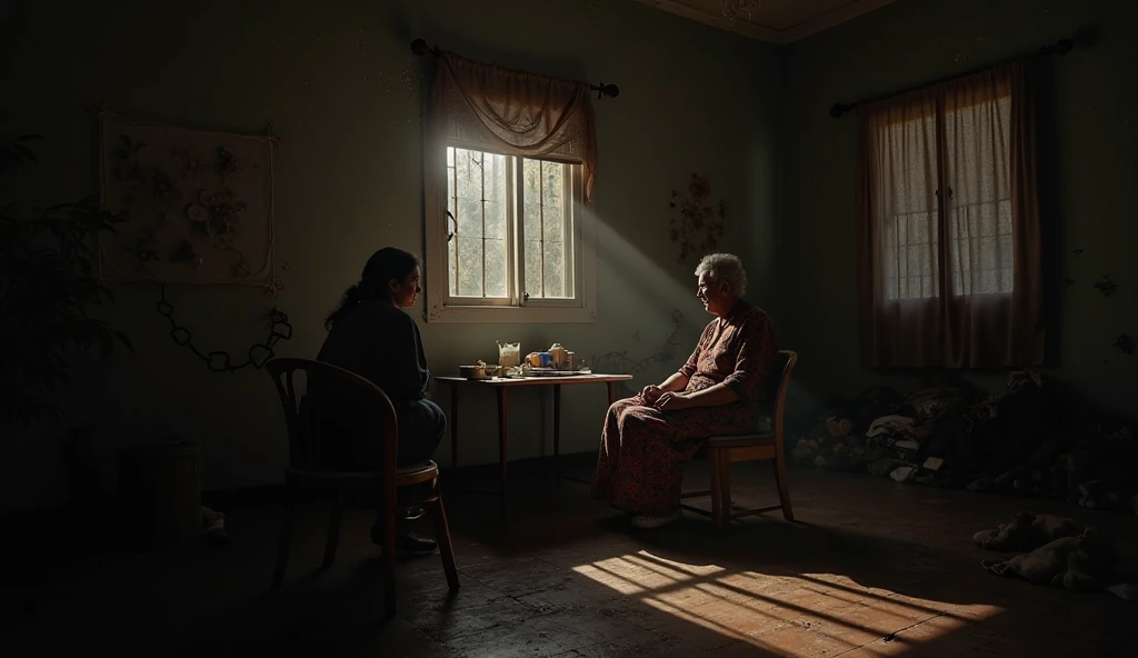 Old paralytic woman looks evil humiliating her daughter 27 years old, beautiful room, low light, gloomy atmosphere