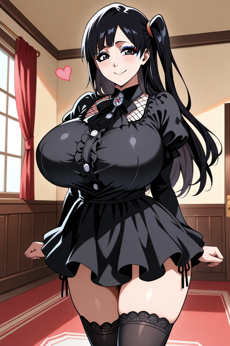 black hair, black colored dress, yellow eyes, slim elf ears, gigantic breasts, smiling, cleavage, bare legs, ultra-detailed(best quality,highres:1.2), ultra-detailed eyes