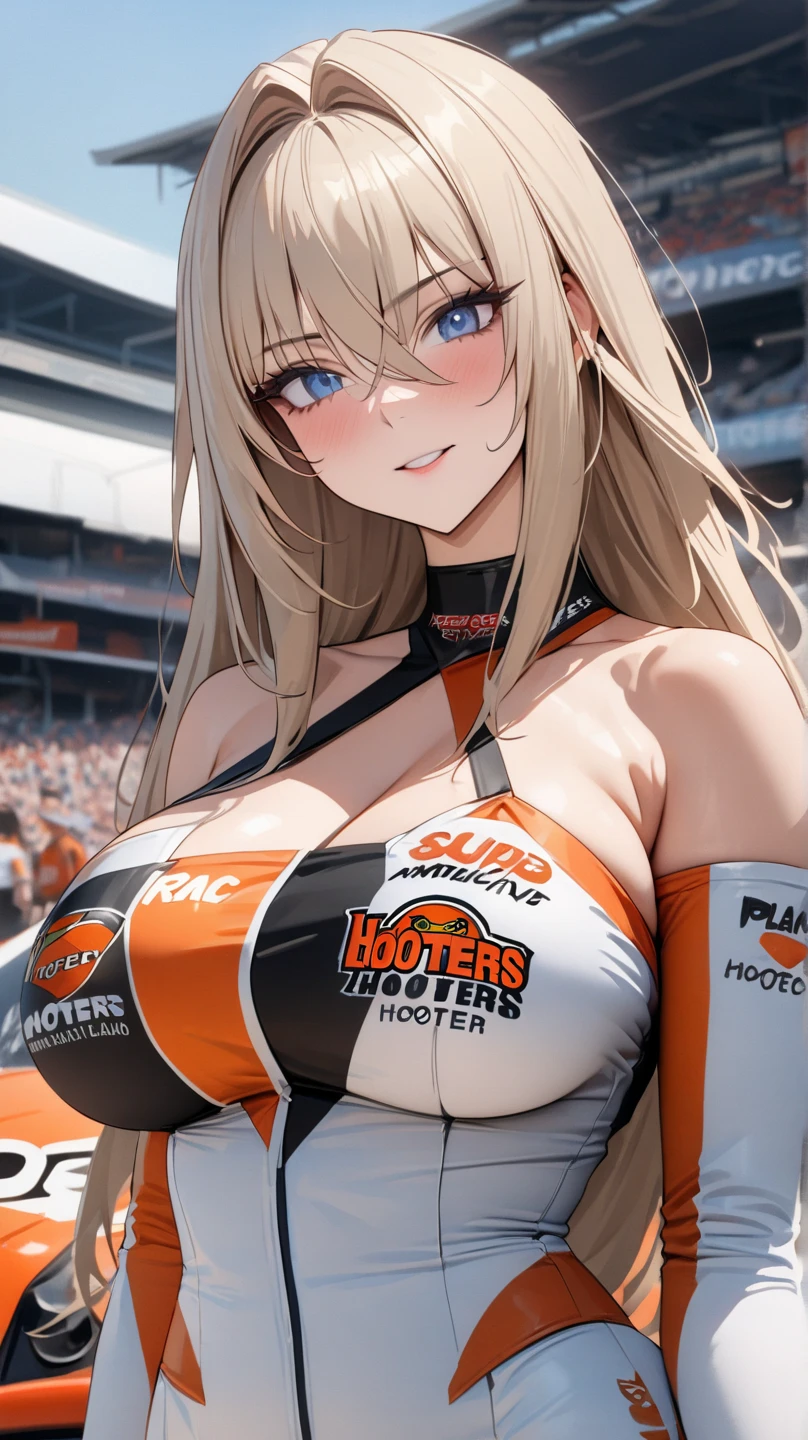 ((full bodyesbian):2) (({Only one woman}:1.2):{((Wearing a red Formula 1 jersey)1.2), ((Long blonde hair that falls to his shoulders, Bright green eyes) 1.3), ((Do erotic poses in clothes that are open to them, looking at viewert, ssmile):1.3), ((ultra huge breasts):1.2)}, \n (({The arena of Formula 1 racing, is night, very heavy rain, several people are in the stands}):1.3), anime big breast, Anime style, 16k, ((Best quality, high detal):1.4), tmasterpiece, hyper HD
