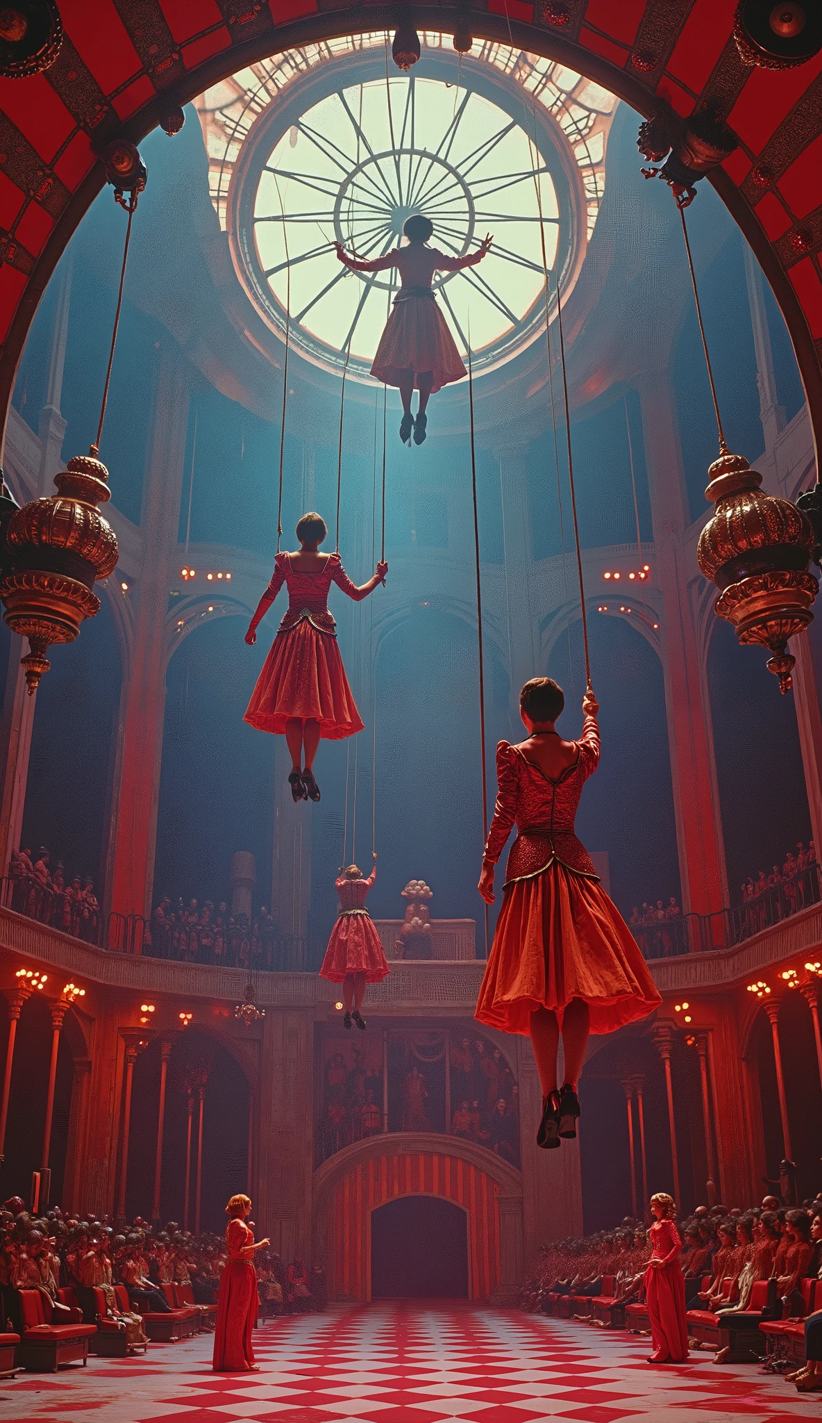 Surreal psycho pop. Intriguing people in the circus. Trapeze artists in action climb very high inside the tent, Clockwork Orange film. Cinematic. 8K.
