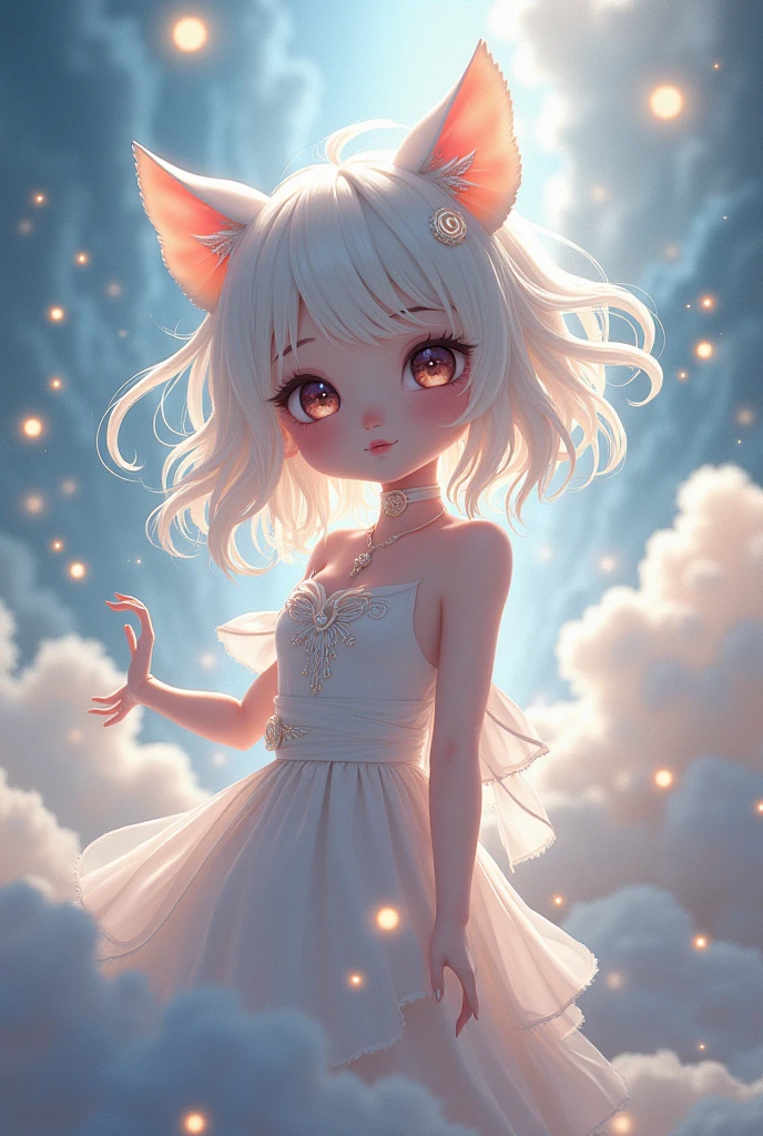 1girl, short white hair, ethereal, white ears, looking up, shy, timid, voluptuous, miniskirt, bikini, cat ears, cat tail