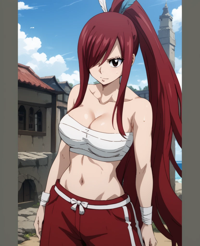 best quality, hires, Scarlet erza, (tiny black bikini only), location: wresting colosseum with crowd watching, adult woman, mature woman, big breasts, lying down, cowboy shot, best quality, ((right shoulder)), slightly strong arms, looking at viewer, important: shoulder tattoo only), big smile, (broad shoulders, strong arms), perfect body, no injuries, knocked down, clean body, from left side, win pose, ((hands horizontally))