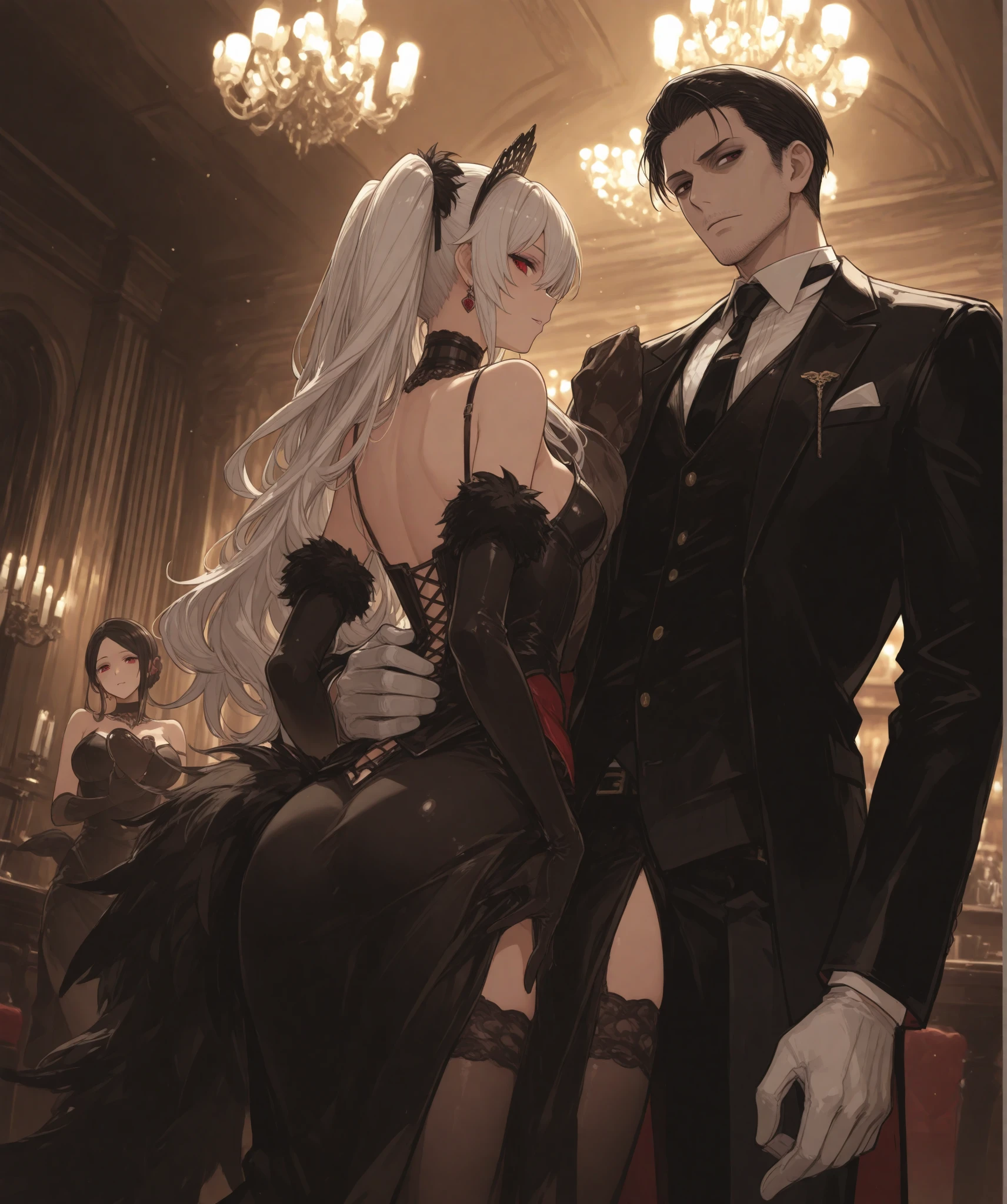 "Create an illustration of a mafia family known as the Rosellas. The main family consists of four members: a father, a mother, an older sister, and a younger brother. All family members have a distinctive look, with white hair and sharp red eyes. The father exudes authority, dressed in a black suit with a dark red tie, his face displaying a serious expression that radiates power. The mother appears elegant in a black gown complemented by a diamond necklace, her gaze sharp as if she can read minds. The older sister, who holds a significant role in the family, has long white hair tied in a braid, wearing an all-black suit that showcases her confidence. Their younger brother, seemingly in his teenage years, has slightly disheveled white hair and vibrant red eyes. He wears a black leather jacket with jeans, a slight smile adorning his energetic face. The background of the illustration depicts a luxurious room with classical decor, reflecting the Rosella family's status and influence in the mafia world."