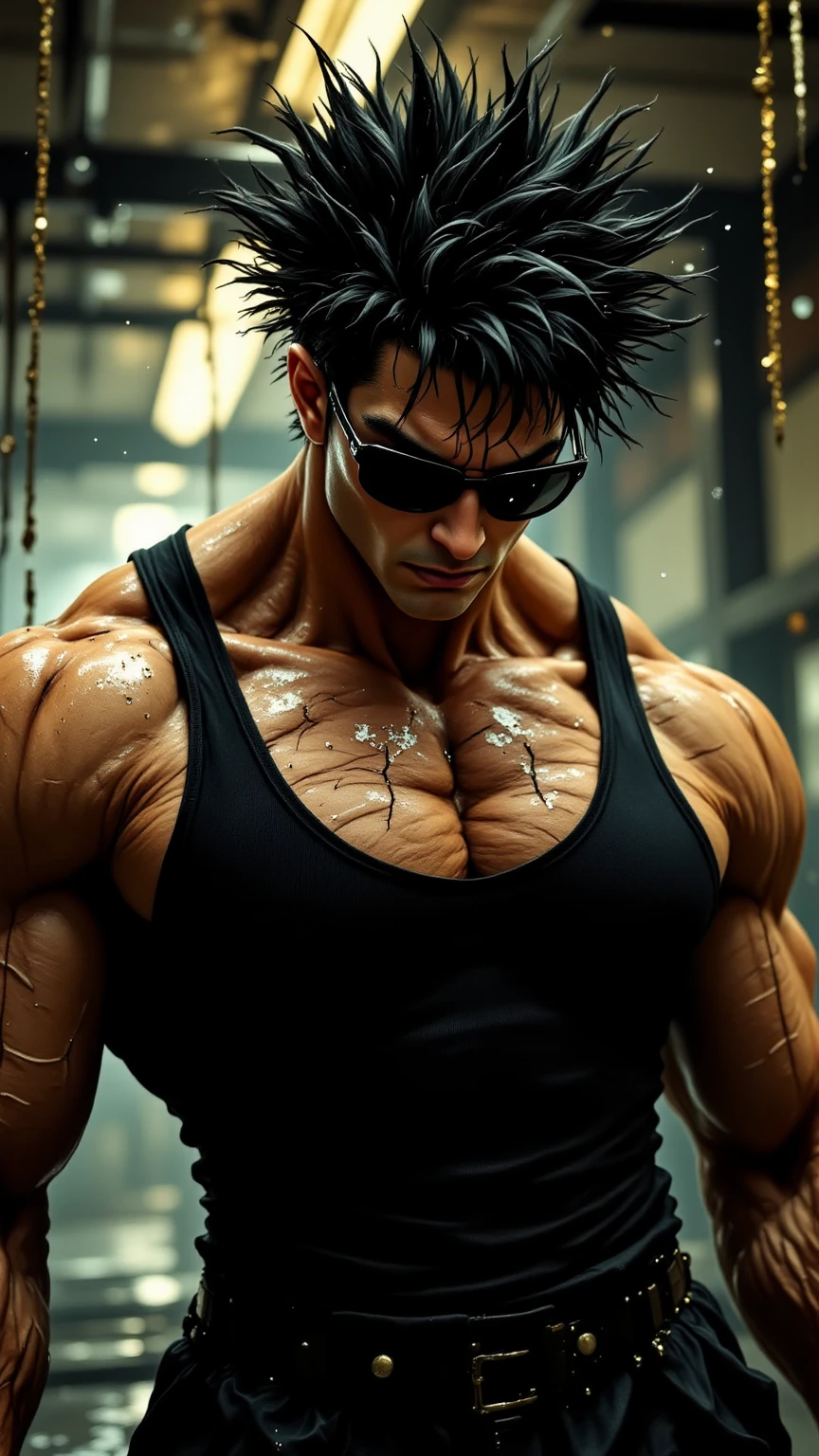 "A striking, muscular man is drawn in the manga hero aesthetic, with powerful lines and intense shading highlighting his physique. His sunglasses give him a mysterious, tough-guy look, and his pose exudes confidence and strength. The scene is dynamic, filled with speed lines and dramatic angles, capturing the essence of a classic manga protagonist."