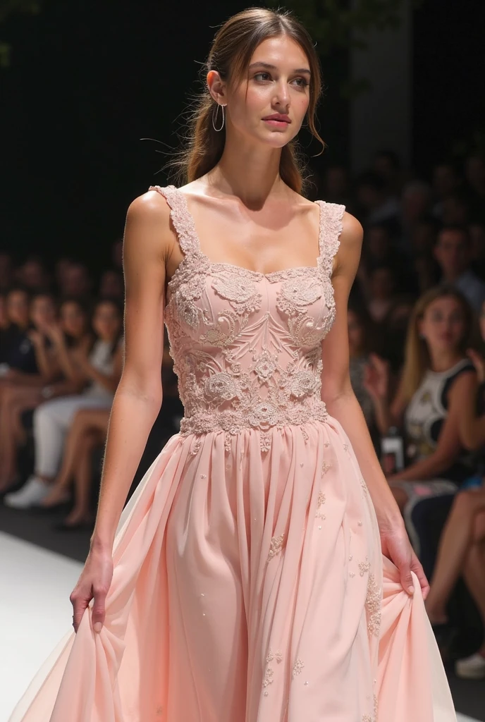 ((photographed by Vogue)),(best quality, high quality, sharp focus:1.4), realistic photo of a model parading on the catwalk, best quality, realistic ,masterpiece,