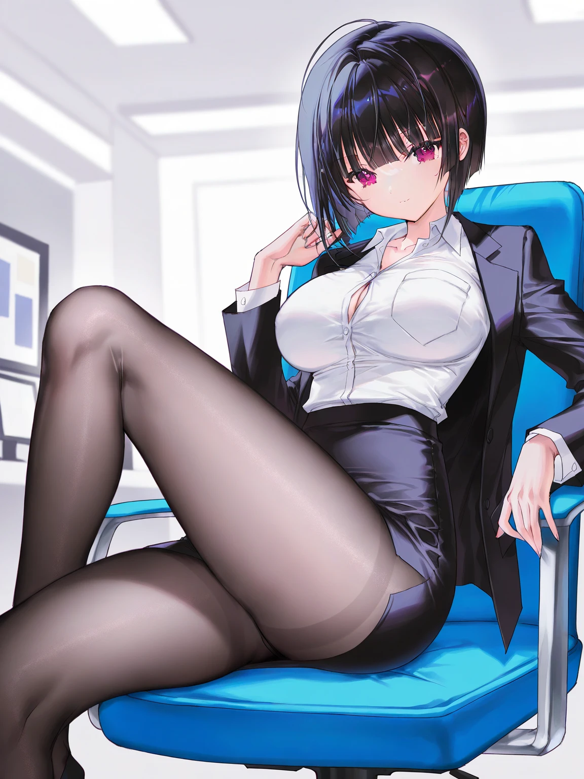 (unity 8k wallpape),(best quality),(high resolution),(ultra-detailed),(perfect anatomy),(beautiful detailed eyes),japanese mature,Beauty,slender,50yo,house wife,black hair,middlehair,flight attendant,Navy blue uniform,mini skirt,White panties,cameltoe,(panty shot),Sitting in a chair,(Legs slightly apart),Woman looking down at me,Glaring at me,Looks uncomfortable,BREAK,Office at night,Alone,Looking up from a low angle,Women's panties in front of me,