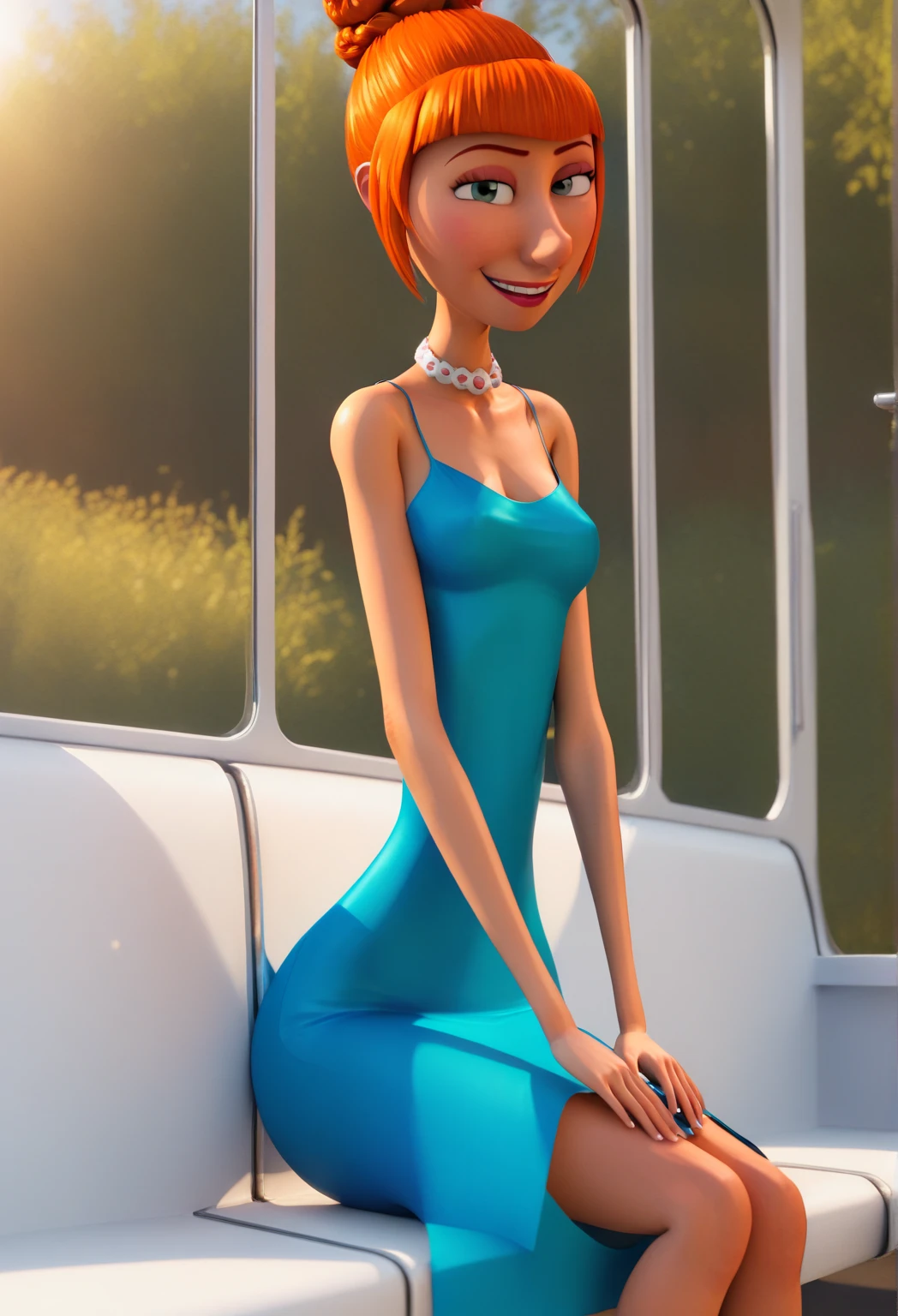 lucyw, orange hair, single hair bun, blue dress, slim, heels, kneeling, side view, licking penis, inside a train, 3d, man, green eyes, foreskin