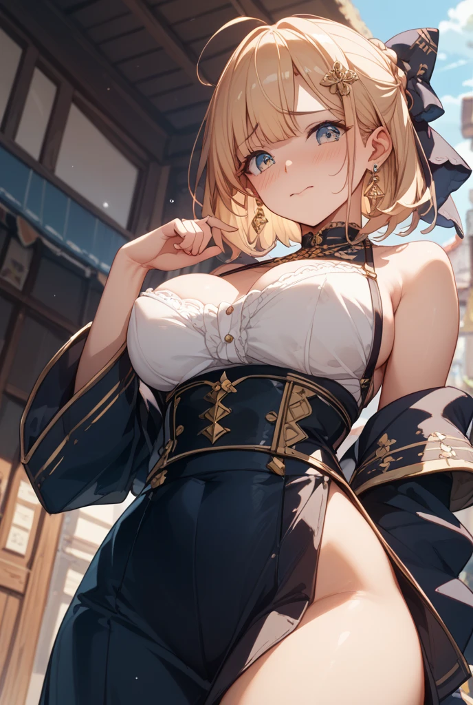 masterpiece, absurdres, best quality, ultra detailed, high Resolution, detailed illustration, extremely beautiful detailed face and eyes, bright colour, 1girl, (), cute face, Delicate beautiful face, magenta eyes, cute eyes, sparkling eyes, big eyes, medium breasts, (perky breasts:1.1), (pointy breasts:1.1), medium hips, glamorous body, white skin, happy, BREAK, long bob cut, (blonde hair:0.8), messy hair, detailed hair, shiny hair, BREAK Examination clothes, tiny ribbon, health check, real world, natural lights, perfect lighting,