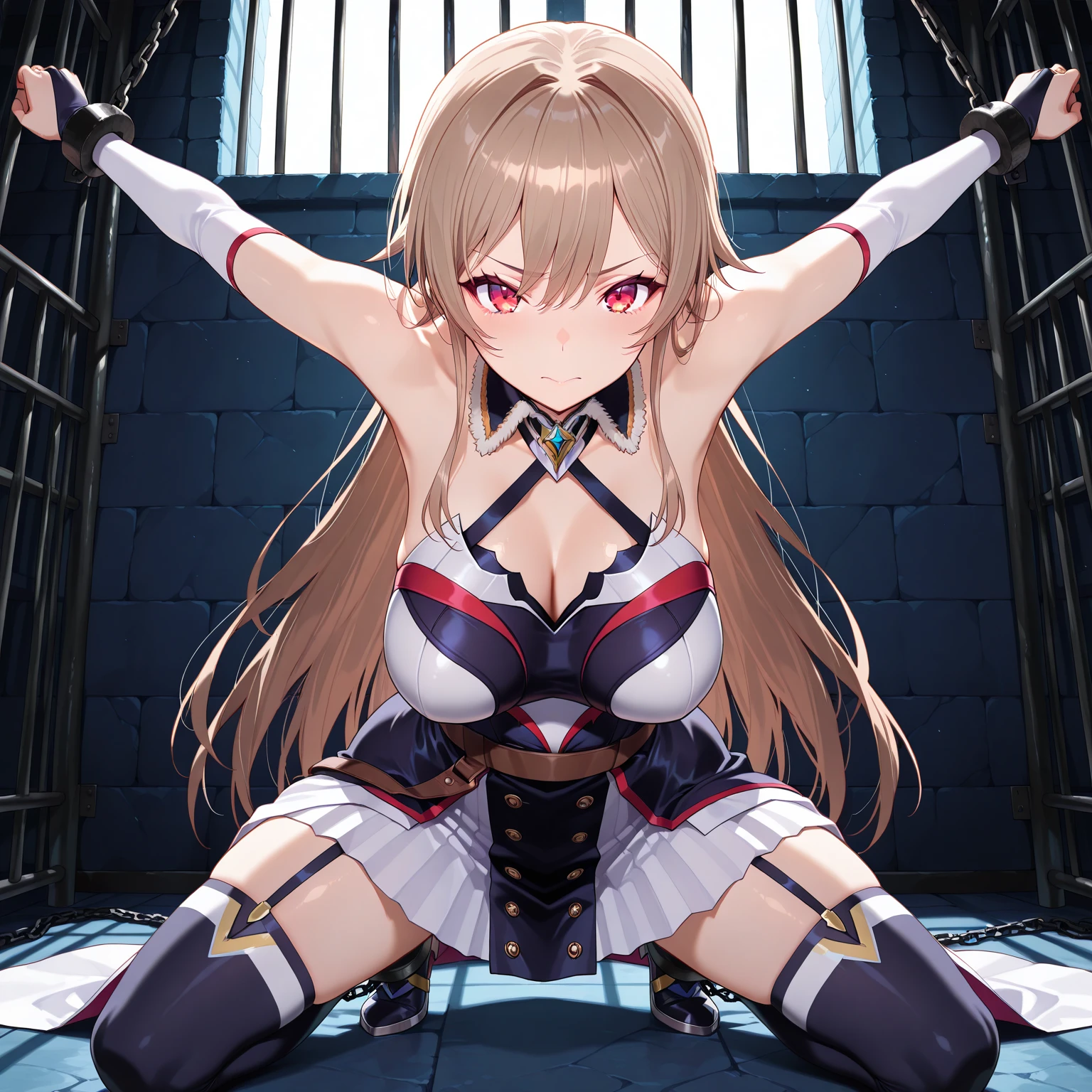 NSFW, high detail,best quality,super detail,very detailed, detailed light, best shadow, ((Realistic)), (gigantic breasts:1.5), (beautiful skin), ((Kobayakawa Sae, school sailor uniform,sailor collar,long hair,straight Hair)), (riding,whb:1.5),(straddling:1.7), (blush,screaming,crying,cry out,sobbing:1.5), looking at viewer, (tied,thighs,shibari,tied up with rope:1.5), (arms behind back:1.3)