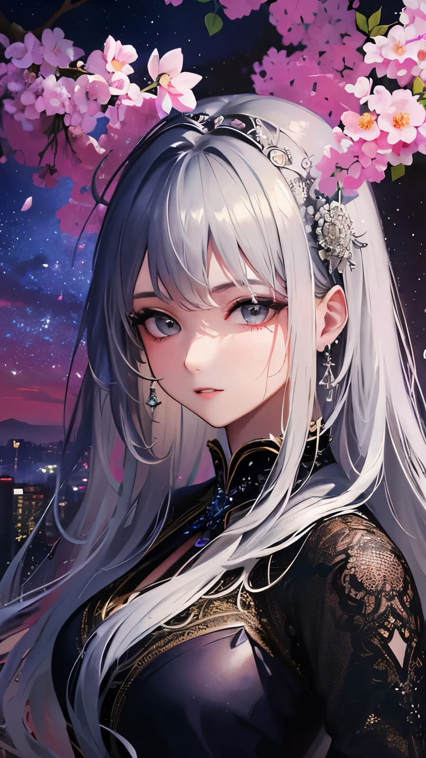 Hairstyle with all hair swept back、Silver hair back、male、Her hair is shoulder-length、Strange Eyealeの左目赤色、male右目青、Increase the wide angle、Clear Eyes、Glittering costumes、Fancy hair accessories、Looking up at the night sky、