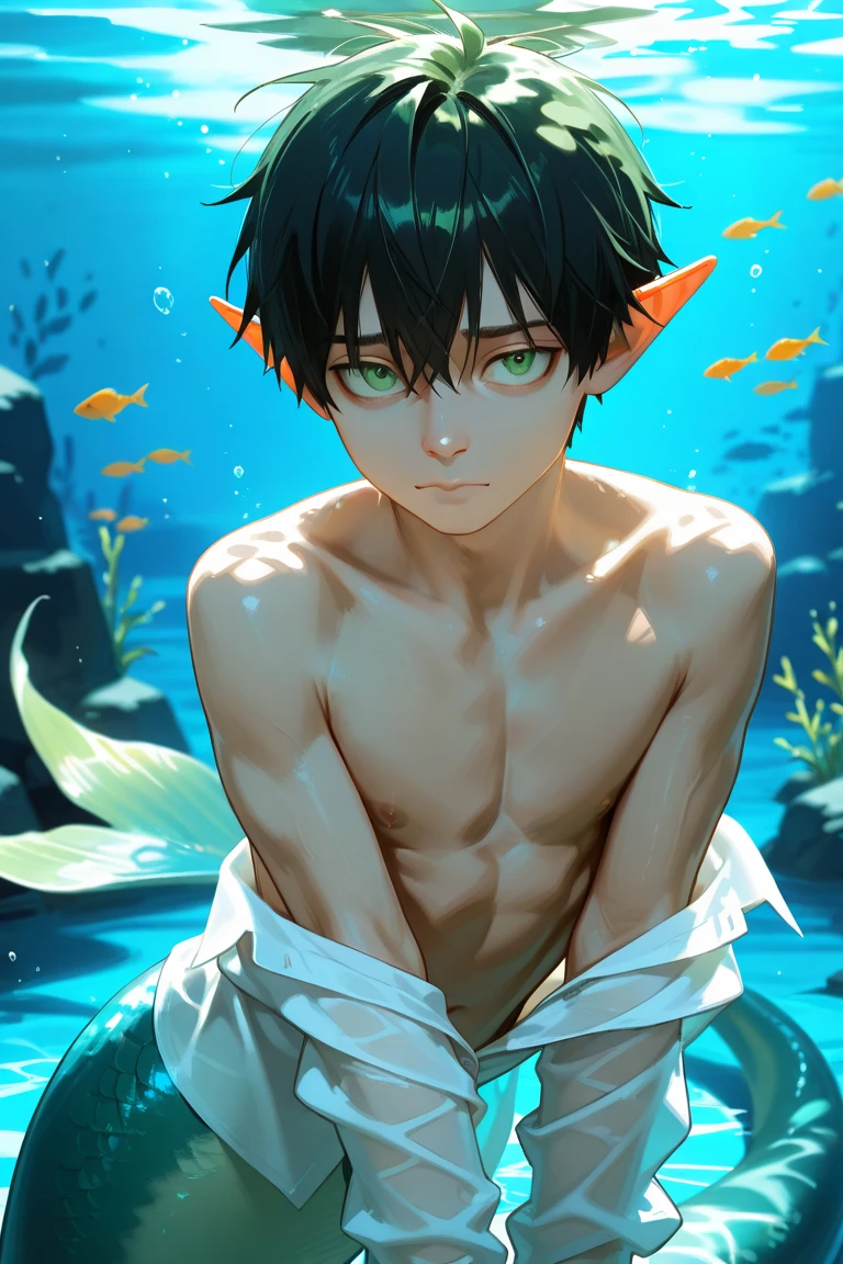 In a serene sea setting, a mesmerizing Water elf boy with delicate and radiant attire exudes an otherworldly glow. The magical and enchanting atmosphere evokes tranquility and wonder. (Black hair), flat chest, ???????, waist lace, pearls, starfish, seashells, jewelry