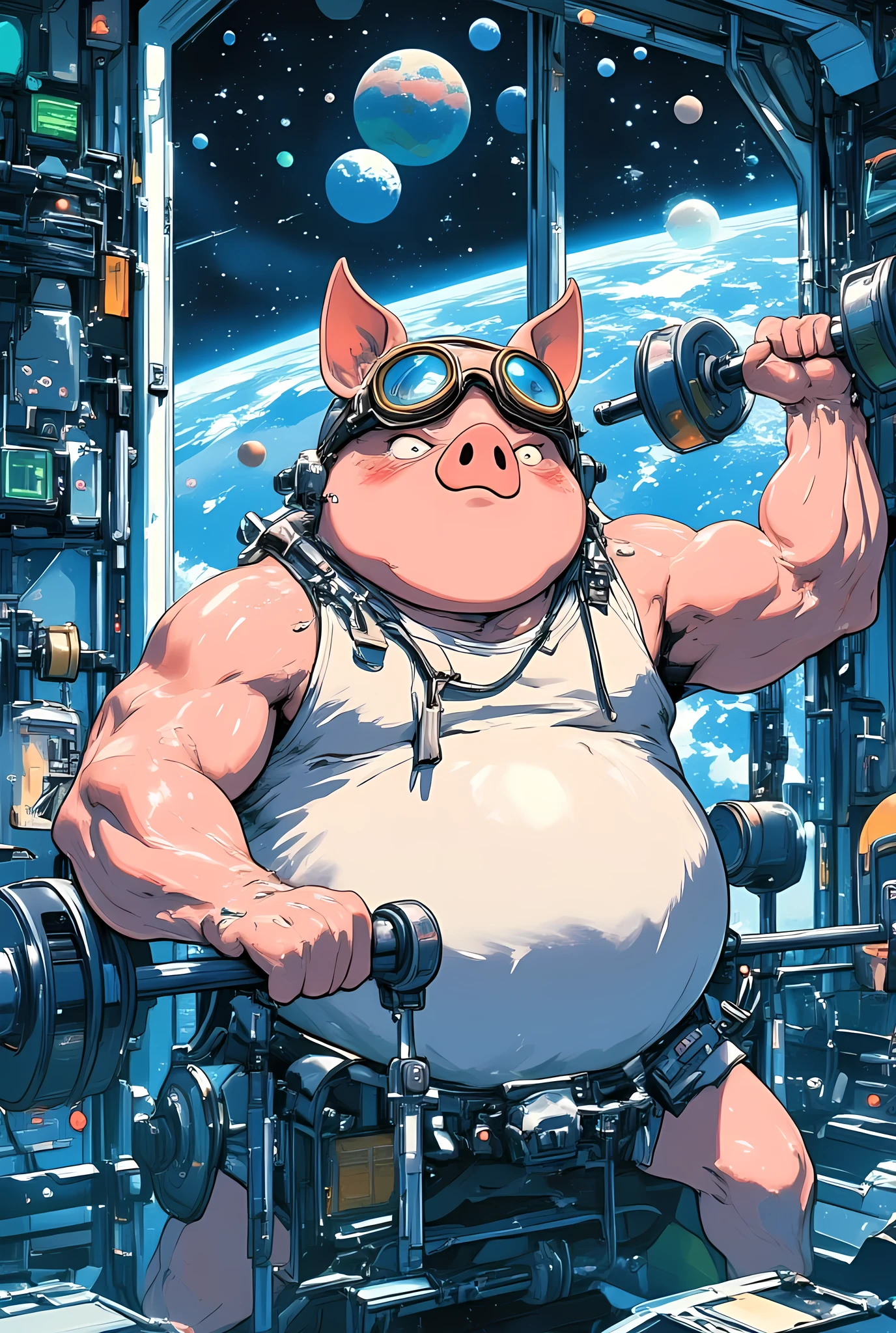 a pig-faced humanoid character in the style of "Porco Rosso", wearing vintage aviator goggles and a white sleeveless workout shirt,
training intensely in a futuristic space gym to become an astronaut, lifting weights with a serious expression,
surrounded by glowing high-tech equipment, floating holograms of planets, and resistance machines adapted for zero gravity,
his muscular arms and round belly glistening with sweat, a towel hangs around his neck,
a wide window behind him shows the Earth and stars in the distance,
bright, cinematic anime-style illustration, clean linework, vibrant lighting, a nostalgic yet comical atmosphere