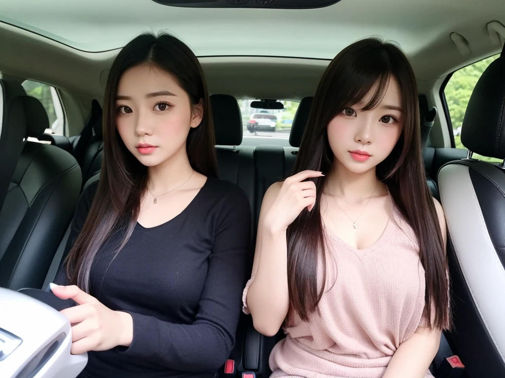 Indonesian girl 20-year-old Hairstyle Casual, F Cup Breasts with sunglasses wearing casual uptown in car and driving this car with her friend