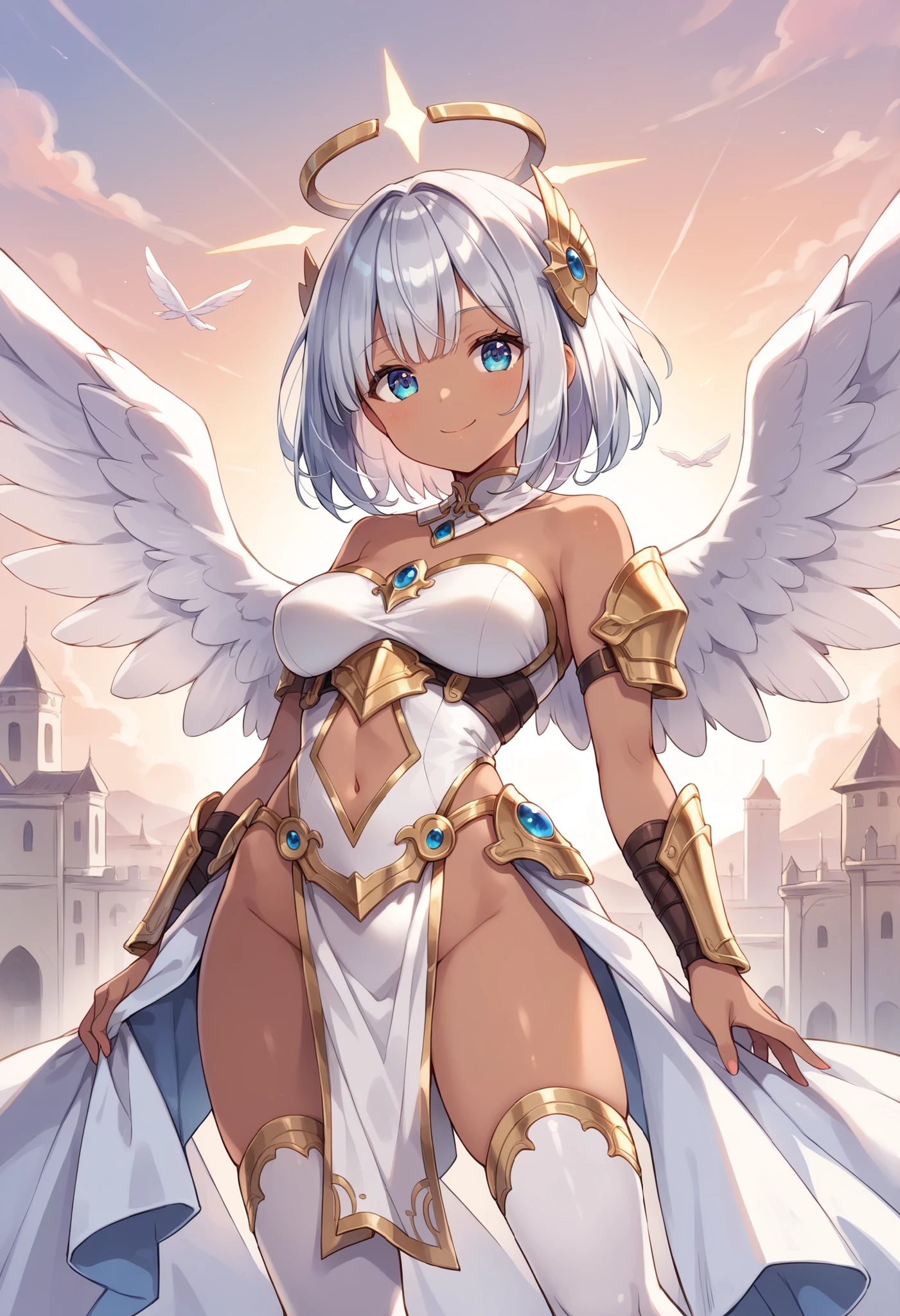Angel girl with wings,18yr old,Two-dimensional style,Short white hair,Wear a crown set with blue gemstones,wearing bodysuit,nabel,bshoulders,facing to audience,ssmile,Big innocent eyes,The background is in the Kingdom of Heaven