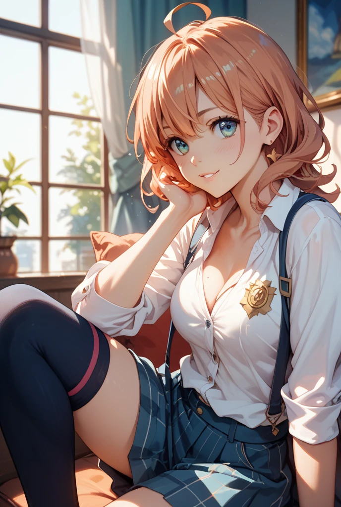 anime, beautiful face, highly detailed face, 2 accurate legs detailed eyes, highly detailed background, perfect lighting, accurate arms, accurate hands, accurate fingers, full body, 1girl, solo, ruby hoshino, oshi no ko, indoors, detailed heels, black detailed thighhighs, indoors, in the office, absurdres, high res, ultrasharp, 8K, masterpiece, looking at viewer, (full body:1.4), smiling with compassion, teasing smile, tight skirt, police office uniform, unbuttoned shirt, detailed shirt, cleavage, sitting on a chair at a desk, view from behind, ass view, looking over her shoulders,
