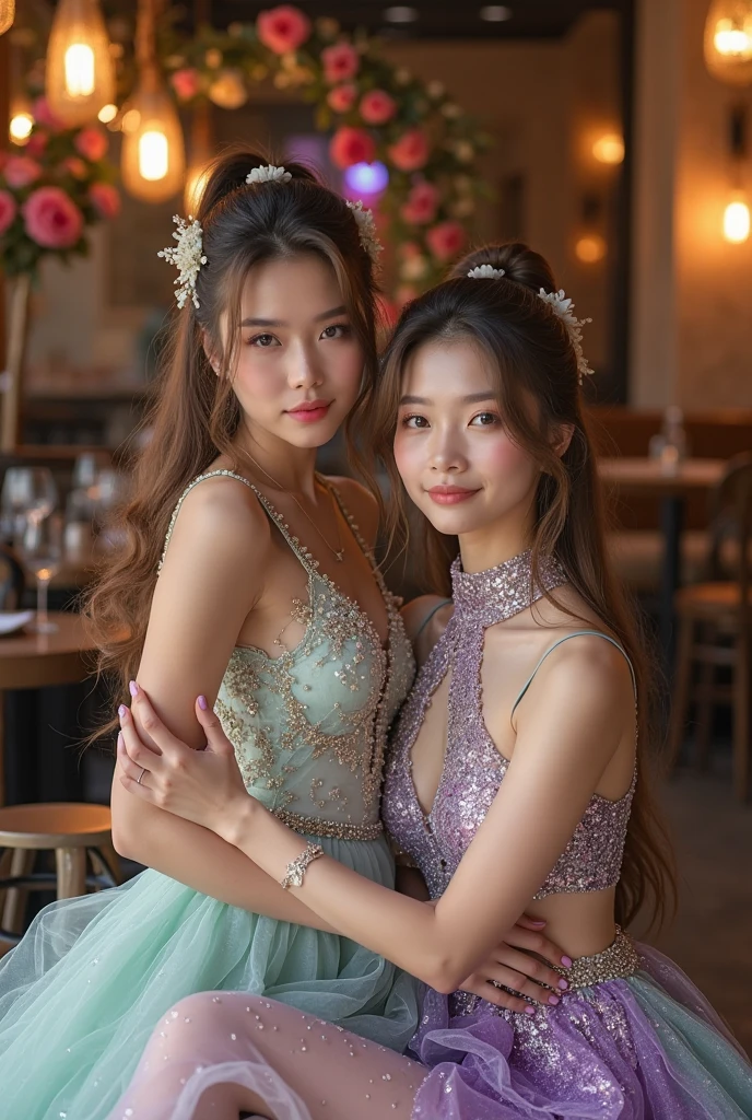 primitive,, (((Two girls,duo,caressing the))),Nikon Z 85mm, award-winning glamorous photography,((Best quality)), ((Masterpiece)), ((Realistic)), 18th century, Vintage image, Beautiful Asian woman wears, Lace dress, Wearing a crown, 25 years, (Long brown hair), Brown eyes, (Small breasts),(Alebriès Art Style), sitting outside a café in Paris, Dream castle in the background, small, ((Small breasts)), Innocent, Flower pedal in the air, ((freckle)), Intricate details, Highly detailed, Sharp focus, professional, 4K, spring flowers blooming, divine rays, Hand model, stunning blue eyes, small, Delicate, Innocent, high resolution, Detailed facial features, High detail, Sharp focus, smooth, Aesthetic, Extremely detailed, photore_\(Small Breasts\), Photorealistic, Realistic, Post-processing, Maximum detail, Roughness, Real life, Ultra photo realsisim, Photorealism, Photography, 8K UHD, Photography, light SEMI-SILHOUETTE, Asian face