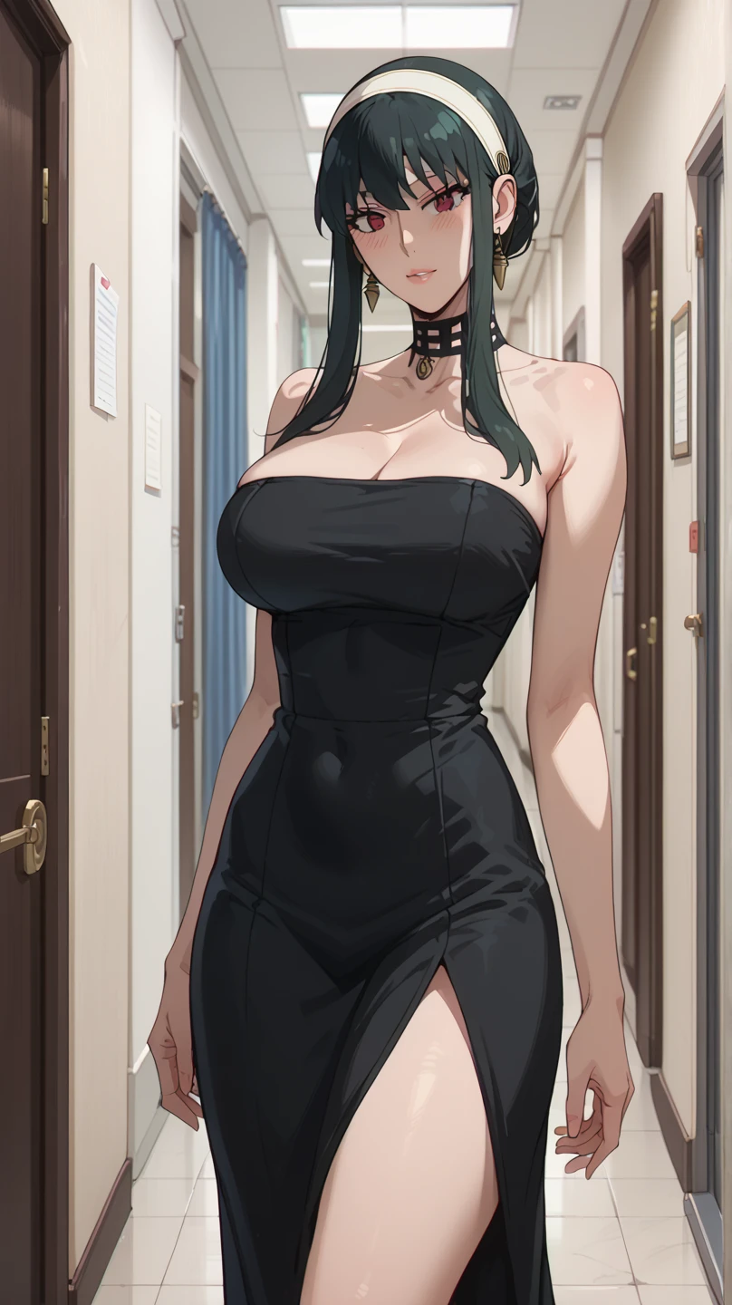 sexy black gala outfit, short skirt full body, cleavage, big breasts, sole girl, plum, Mabui, short detailed hair, (green eyes: 1.2), white hair, bun, dark-skinned woman, off-shoulder black outfit, smile, don't look at the camera,