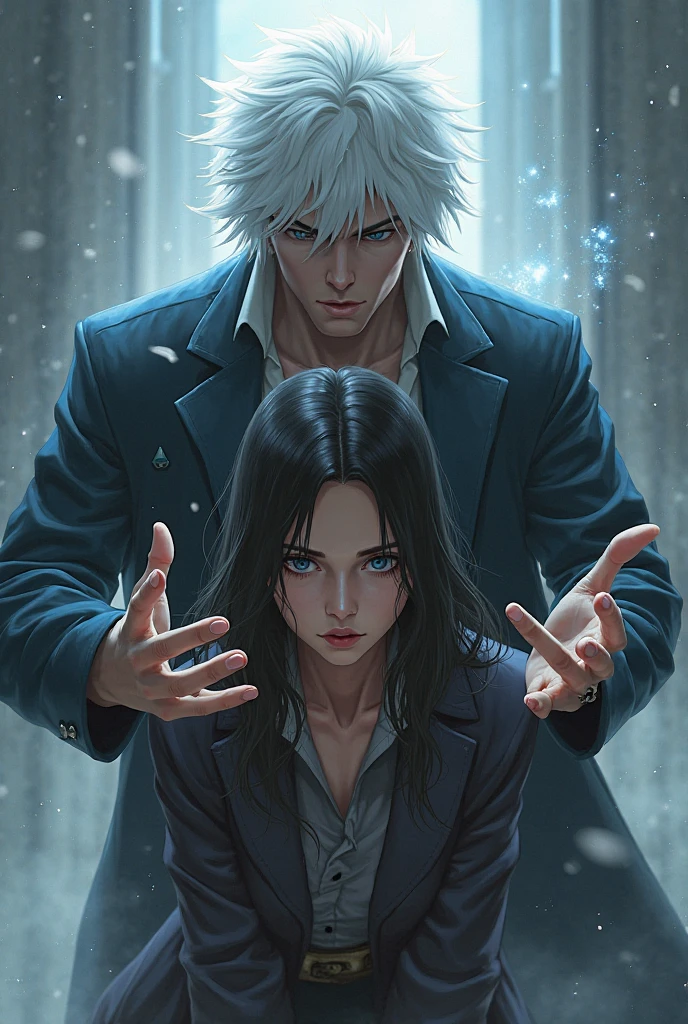best quality, masterpiece, (realistic: 1.2), 2 man, Eren Jaeger, Zeke Jaeger, real life, live action, black jeans, black pants, brown hair, attack on Titan, black jacket, slim body, high definition, high quality, long hair, family, blue sand, cold background