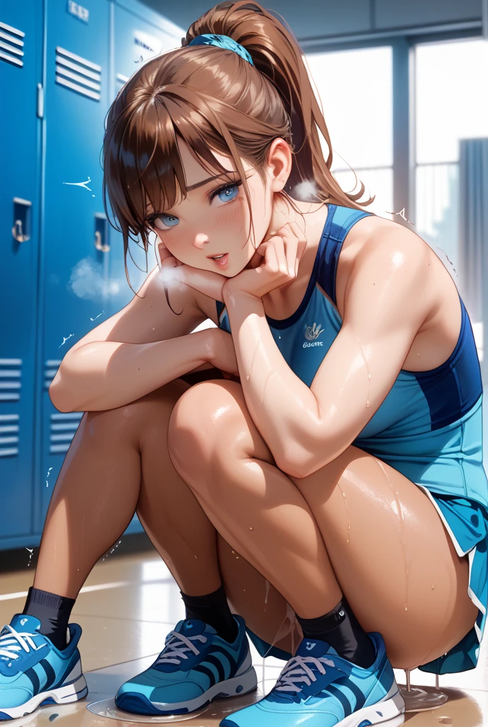 lighting like a movie、top-quality、(1 female)、School swim wear、squatting and opening legs、open one's legs、embarrassed from、school swimming pool、Eyes from below、full of sweat、A dark-haired、Wearing sweat、
