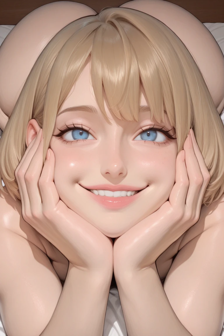blonde, short hair, girl1, in the Living room, sofa, upper body, completely nude, (small nipples:1.2), (small areolas:1.2), kawaii, cute, pale purple eyes,(shy), (blush),light smile