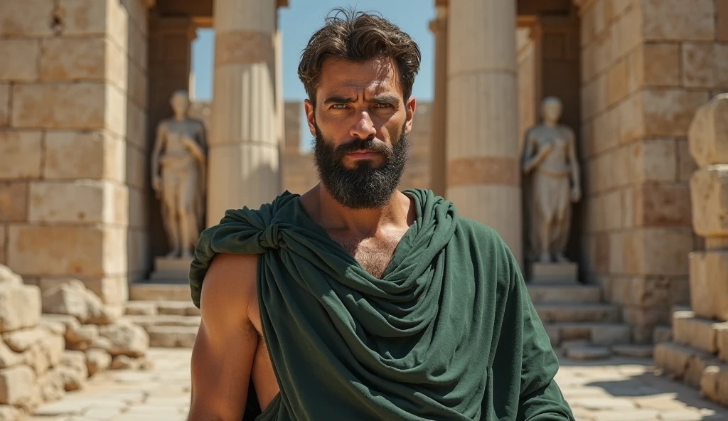 A young, handsome Stoic philosopher with a well-proportioned and attractive physique, sun-kissed skin, very short and well-trimmed beard, and wavy, well-styled hair. He is dressed in classic tunics in soft earthy tones - gray, brown, and olive green - with subtle gold and copper details. The scene shows him in a practical situation, such as assisting others or making a crucial decision, demonstrating his application of mental clarity and serenity. The environment is dynamic and realistic, with elements reflecting the practical nature of his actions. The setting should highlight the distinction between the reality of the situation and the idealized version of life, focusing on his actions driven by knowledge and truth.