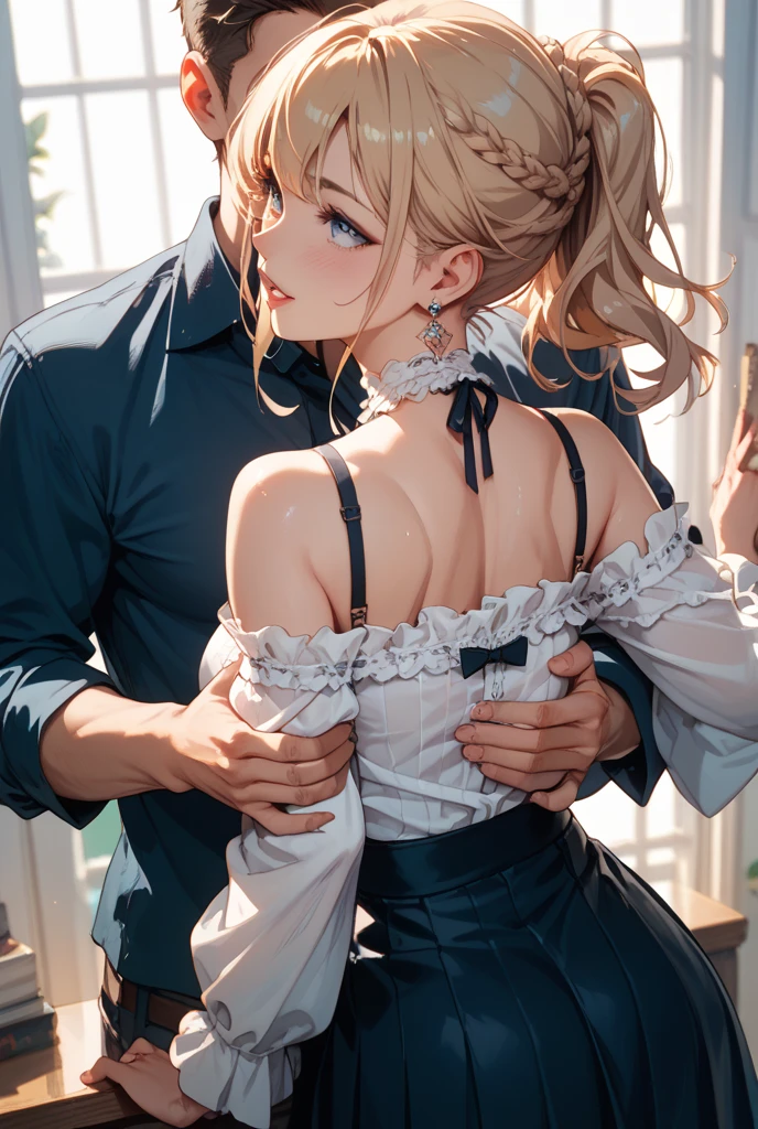 Best picture quality, 8K, tmasterpiece:1.3)), Beautiful woman,((EMILIA CLARKE)), (Casual hairstyle, Leaky big breasts:1.2), hands tied behind her back, shift dresses:1.1, Ultra-fine face, blond hair, ((underboob)),A detailed eye, double eyelid,(BDSM:1.3),Transparent outfit, and its fullness, Wet clothes, hyper HD, Masterpiece, High details, High quality, Massut works of the highest quality, of the highest quality, hyper HD, max res, Very detailed, Clean skin, アニメ, full body, slender, Very cute, , Braided hair, lying down, wide open legs, Raised Legs, Erotic lingerie, half-shedding clothes, Half flows down, Wet clothes,, Clothing visible at the tip of the chest, Sweat, Light clothes, clothes with a see-through tummy, underbust, Embarrassed, Blushing, kneeling, sideviewblowjob, sitting on her knees, spread thighs, hands tied behind, sexy pose, kneeling, sexy maid dress, eye contact with a man above her, a man standing above her, (looking up at a man:1.6), intense eye contact
