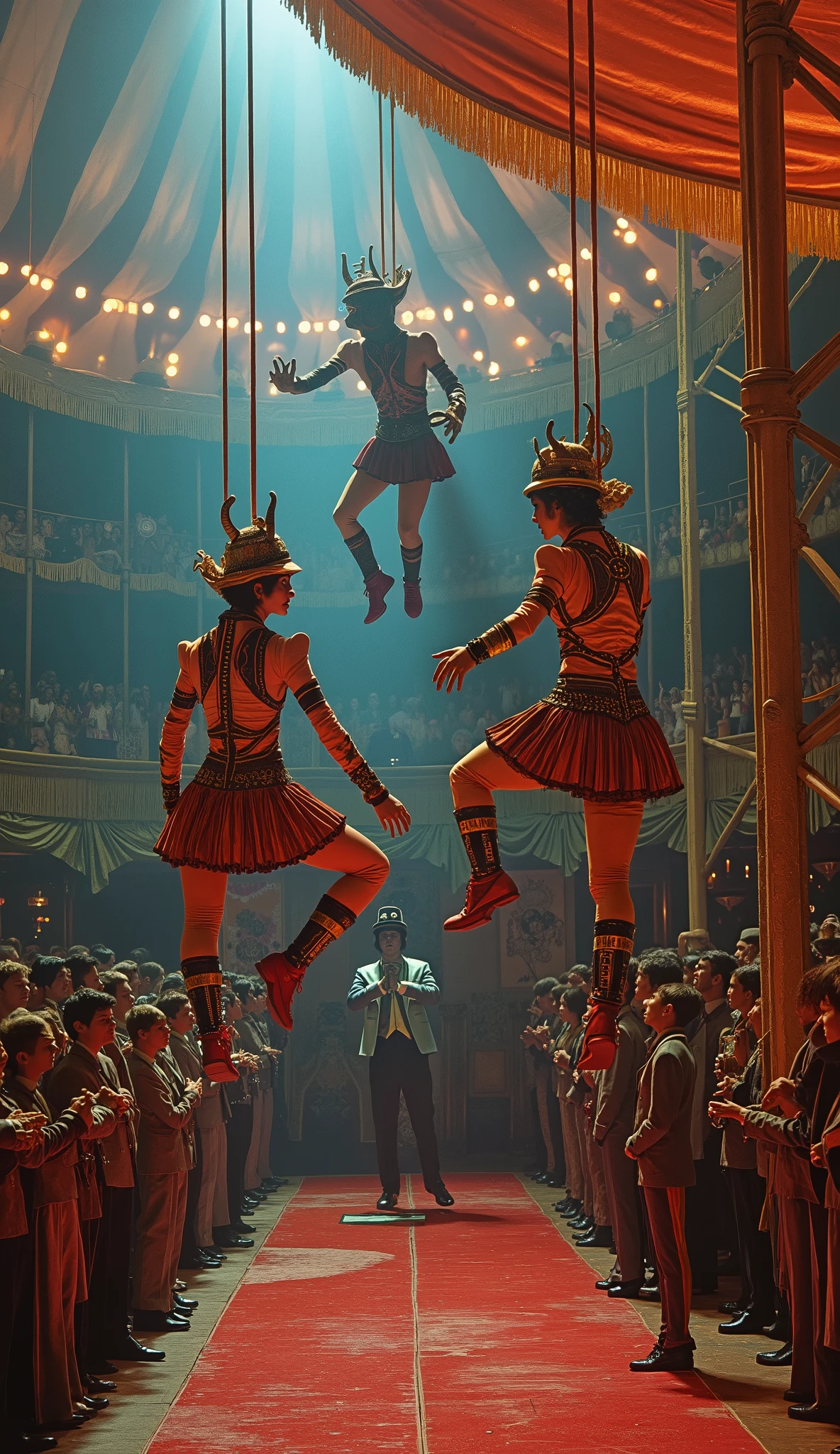 Surreal psycho pop. Intriguing people in the circus. Trapeze artists in action climb very high inside the tent, Clockwork Orange film. Cinematic. 8K.