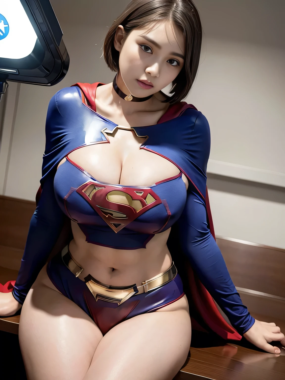 masterpiece、Rubber Supergirl Costume、Short Hair、Sitting deep in the hospital bed、Crisis situation、Big and ample breasts、looking at the camera、Shiny、Off the shoulder、choker、Long sleeve、exy poses to seduce、Sweaty skin、Model body type、Alluring、charm、Enchanting、Abused、test subject、victim、Wild、Photorealistic、latex、Expose your belly、athlete、High leg leotard、Photo magazine cover、Cape、Glamorous cleavage、barefoot、40-year-old woman、