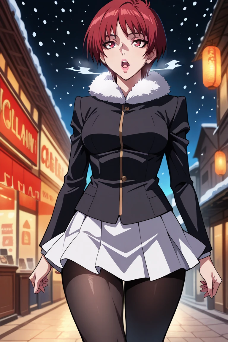Megumi Shinigami, solo, 1 girl, MILF, mature, red hair, short hair, bangs, eyebrows hidden by hair, breasts, medium breasts, straight hair, eyes, red eyes, calm expression, feeling cold, open mouth, lips, pink lips, highlighted lips, hips, medium hips, thighs, wide thighs, from the thighs up, CasOutfit, black coat, white skirt, miniskirt, black tights, night, snowing, cold, hot air coming out of mouth, walking, walking through Chinatown, Chinatown (scenery)