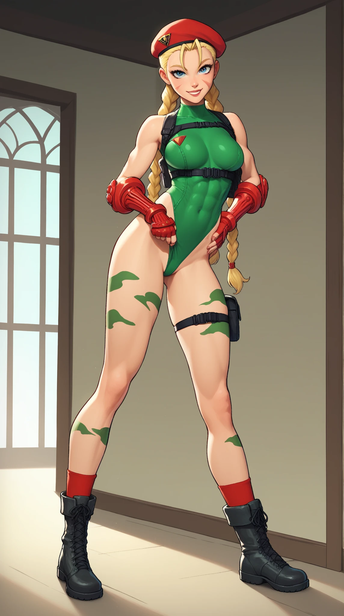 street fighter cammy, showing big ass, Leaves, grade background. (((half naked)))