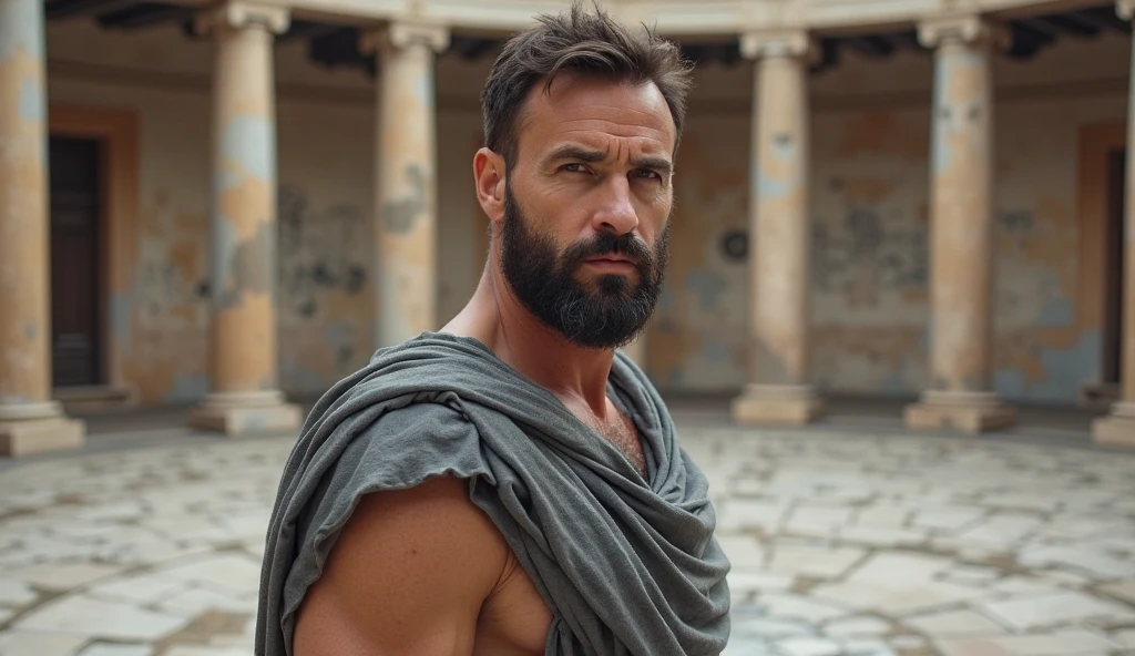 8k, RAW photo, Fujifilm, style photo, a potrait of body builder ancient greek man with ancient greek architecture, a stereotypical strong greek man, with vibrant colours, a greek man with robes