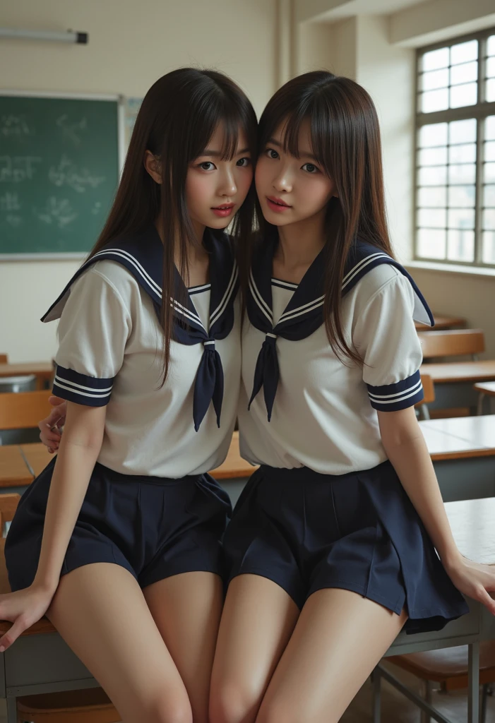 2 girls on desk in wooden school classroom in summer,short-sleeved sailor shirt over,BREAK white speedo swimming briefs,18-year-old,bangs,a little smile,thighs,knees,short hair with low pigtails bunches,from before,front light
