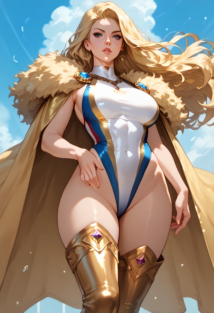 (Original: 1.2), (SFW), Masterpiece, Realistic, beste-Qualit, beautiful clean face, a 1girl, (blonde hair, big breastes, Slim, wide thighs), stands, Posing, Lancer Artoria, ((Blue, Golden leotard, (red cape with white fur)), golden crown, Erotica, luna, night time, Simple background