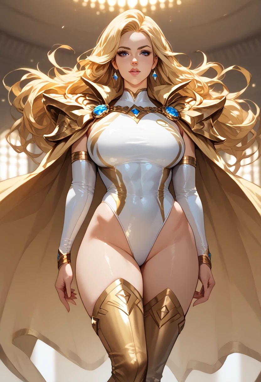 8K,Tall female court holy knight,Super beautiful(like the real thing),Blonde curly hair,smile,green eyes,Gorgeous red and white sexy chest armor,luxury white combat pants,muscular slim body,ripped abs,sexly,masterpiece,Photorealistic RAW photos of the highest quality。bright colors,rich colors, Backlight, cinematic lighting, film grain, to be born, 50MM lens, Nikon D850,realistic skin,fantasy art,character art,ultra high resolution,realistic scale skin,Perfect hand shape,view audience,royal palace courtyard,Equipped with a long, silver holy sword on his waist.,luxurious white shoulder armor,luxury white gauntlet,luxurious white waist armor,luxury white leg armor,