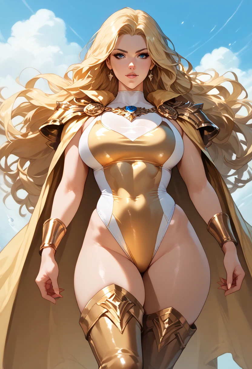 score_9, score_8_up, score_7_up, score_6_up, score_5_up, score_4_up, Sexy, Superheroine, blonde hair, green eyes, long hair, busty, ((White highleg leotard with a t-back thong)), gold belt, gold cape, thin white headband, cleavage cutout