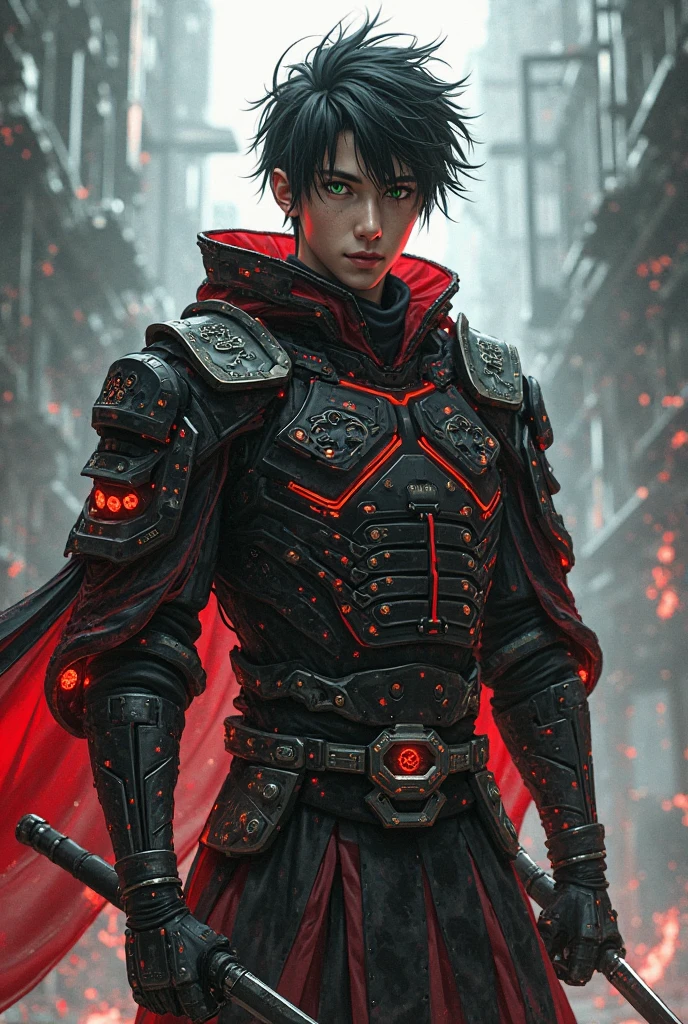 ultra detail, high resolution, ultra detailed, best quality, amazing, top quality, extremely detailed CG 8k wallpaper unit, cinematic lighting, Zelda cyberpunk link, cyberpunk, dark boy, red clothing, red armor, neon berde, black hair,