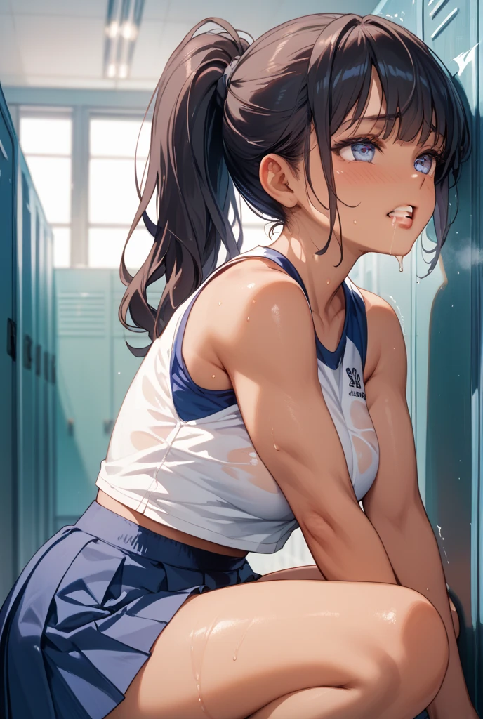 ((1girl)), locker room, There is no one around, evening, Sunset is shining through the window, nsfw, masterpiece, 8k, Girl, Small breasts, 12yo, Light, god々Shii, まぶShii, Black Hair ,A very embarrassed face, blush, Changing clothes, In the middle of taking off your pants, Leaning forward, Cleavage, front, Nipples visible from chest,get closer