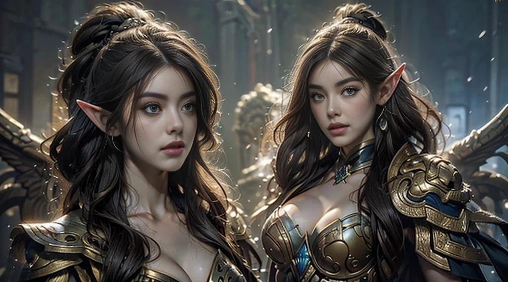 masterpiece, rest, best quality, Very detailed, Super real, 16K, high resolution, castle,jungle, ((Starry Sky)),Female Mage,Gorgeous armor,Complex Mode,Large Breasts,Pretty Face,Closed mouth,dramatic,Half-length photo,Glowing scepter